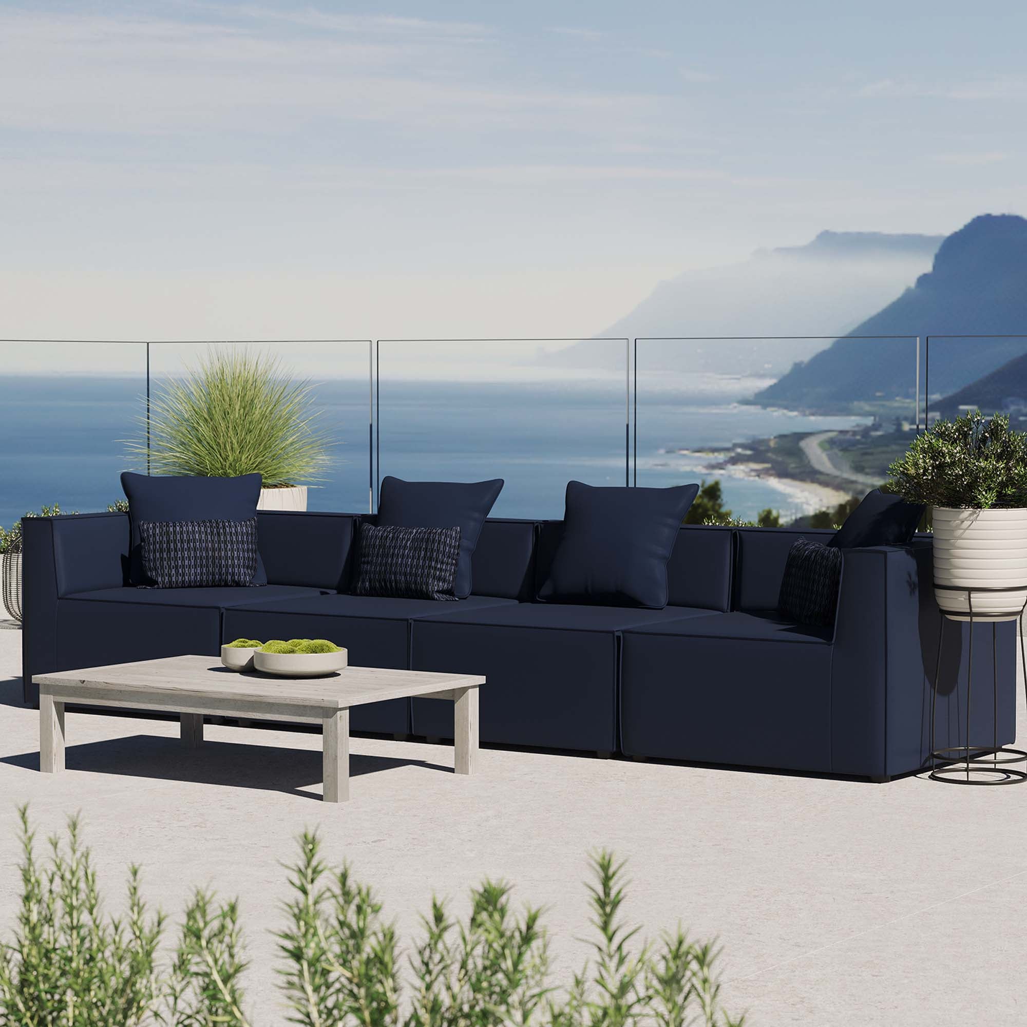Saybrook 4-Piece Outdoor Patio Upholstered Sectional Sofa, Navy