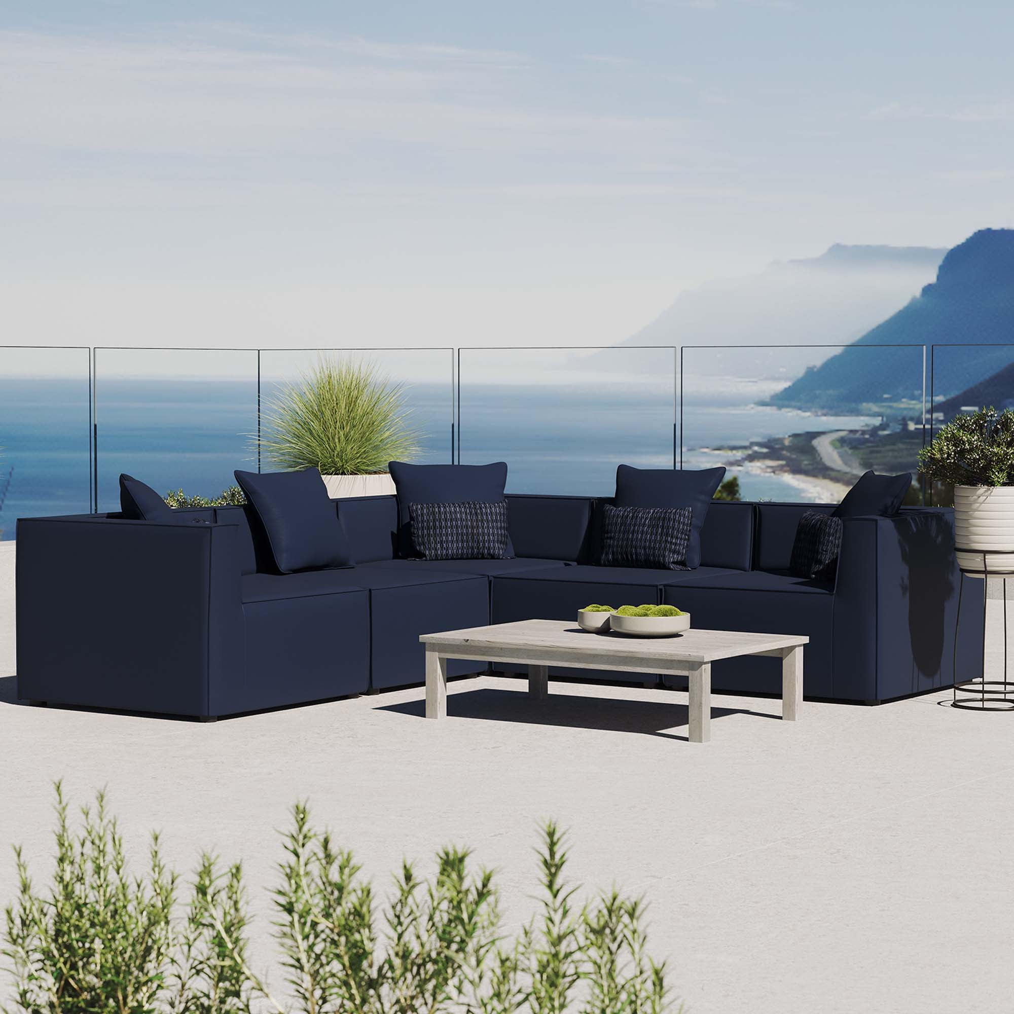 Saybrook 5-Piece Outdoor Patio Upholstered Sectional Sofa, Navy