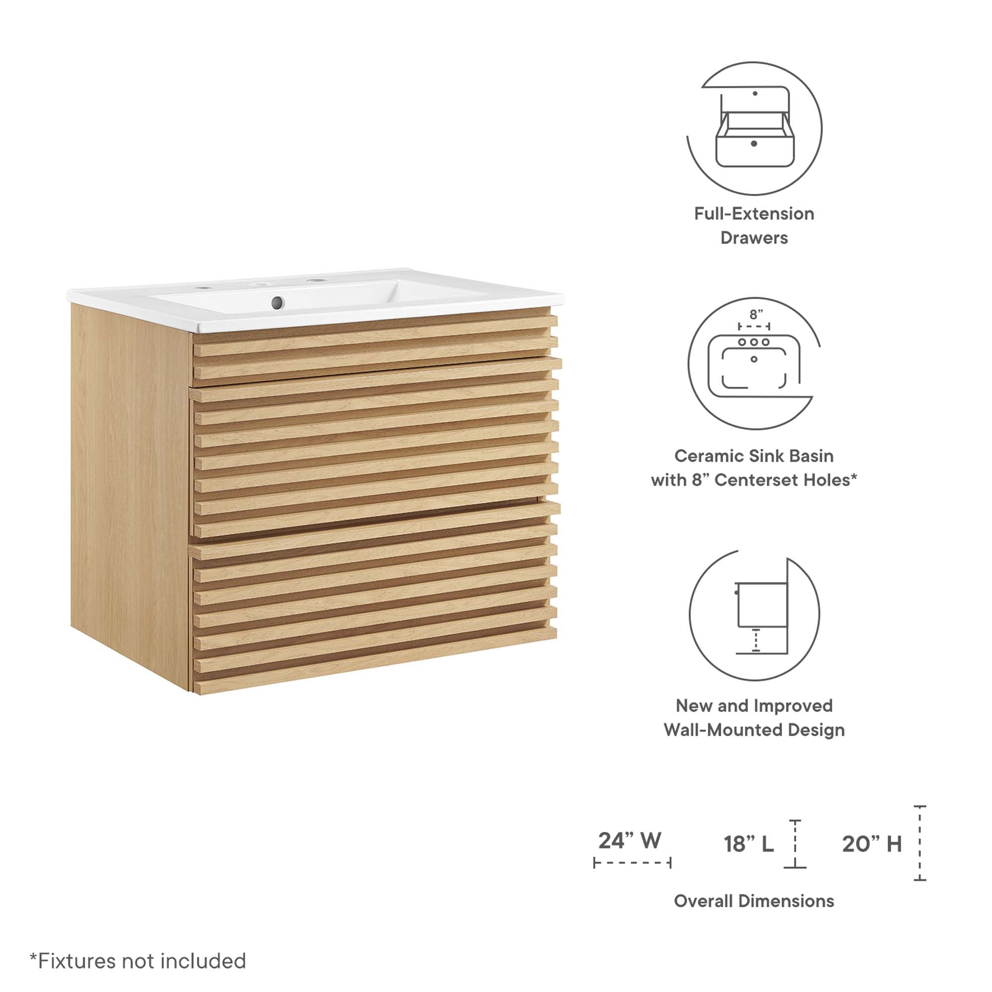 Render 24" Wall-Mount Bathroom Vanity, Oak White