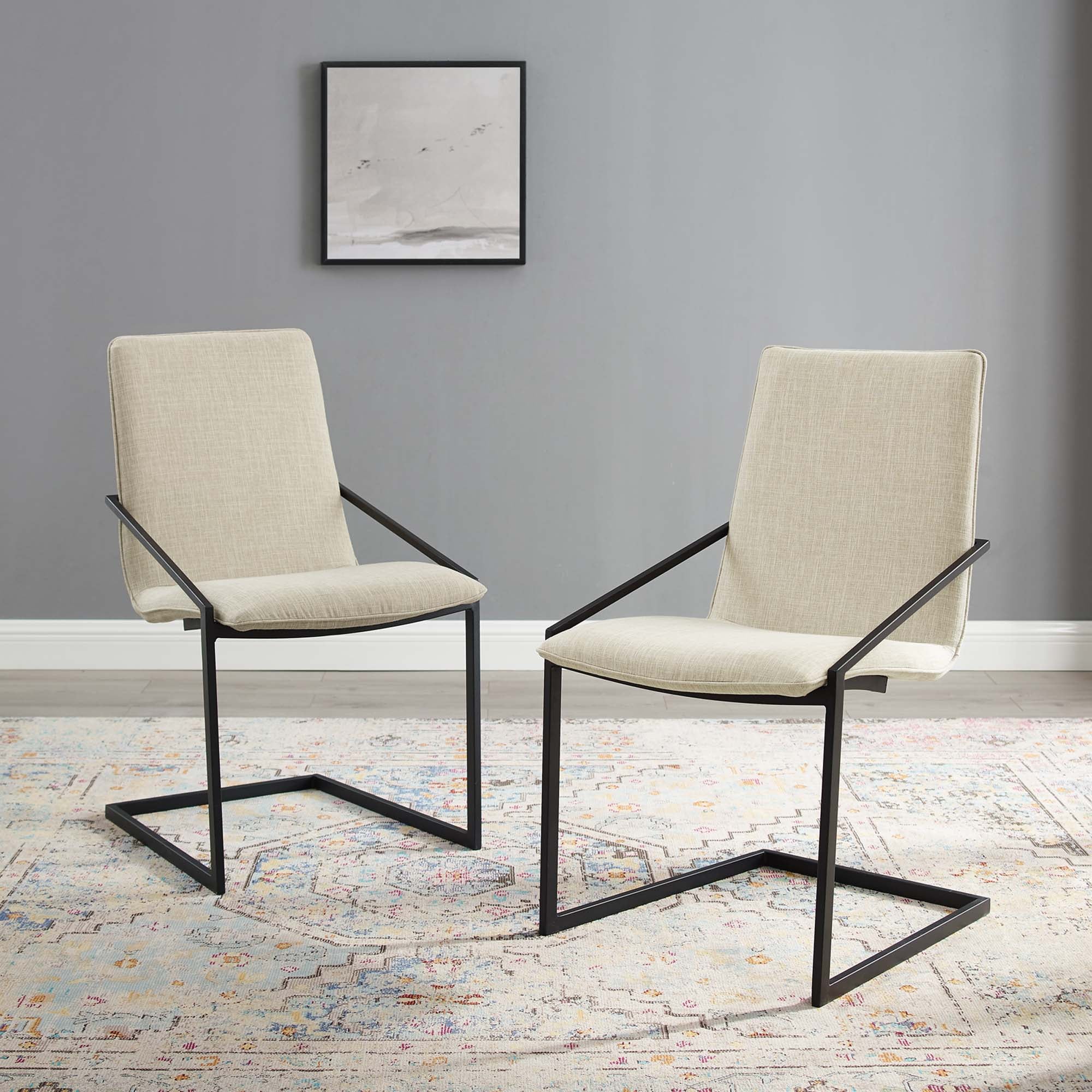 Pitch Upholstered Fabric Dining Armchair Set of 2, Black Beige