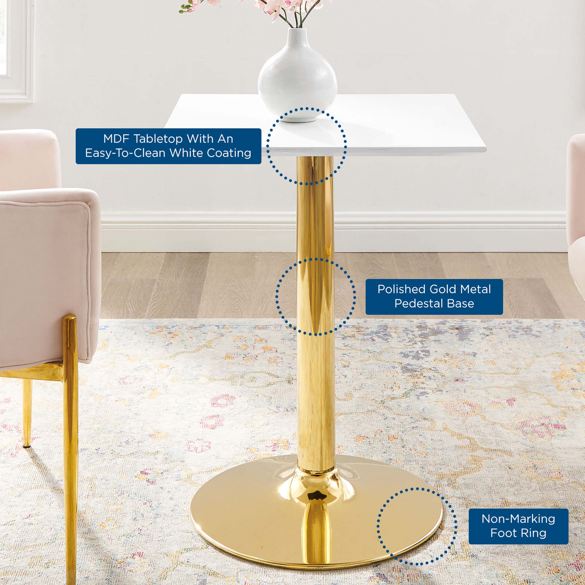 Verne 24" Square Dining Table, Gold White