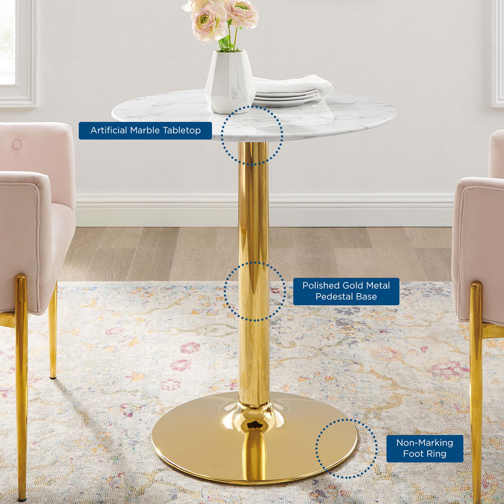 Verne 28" Artificial Marble Dining Table, Gold White