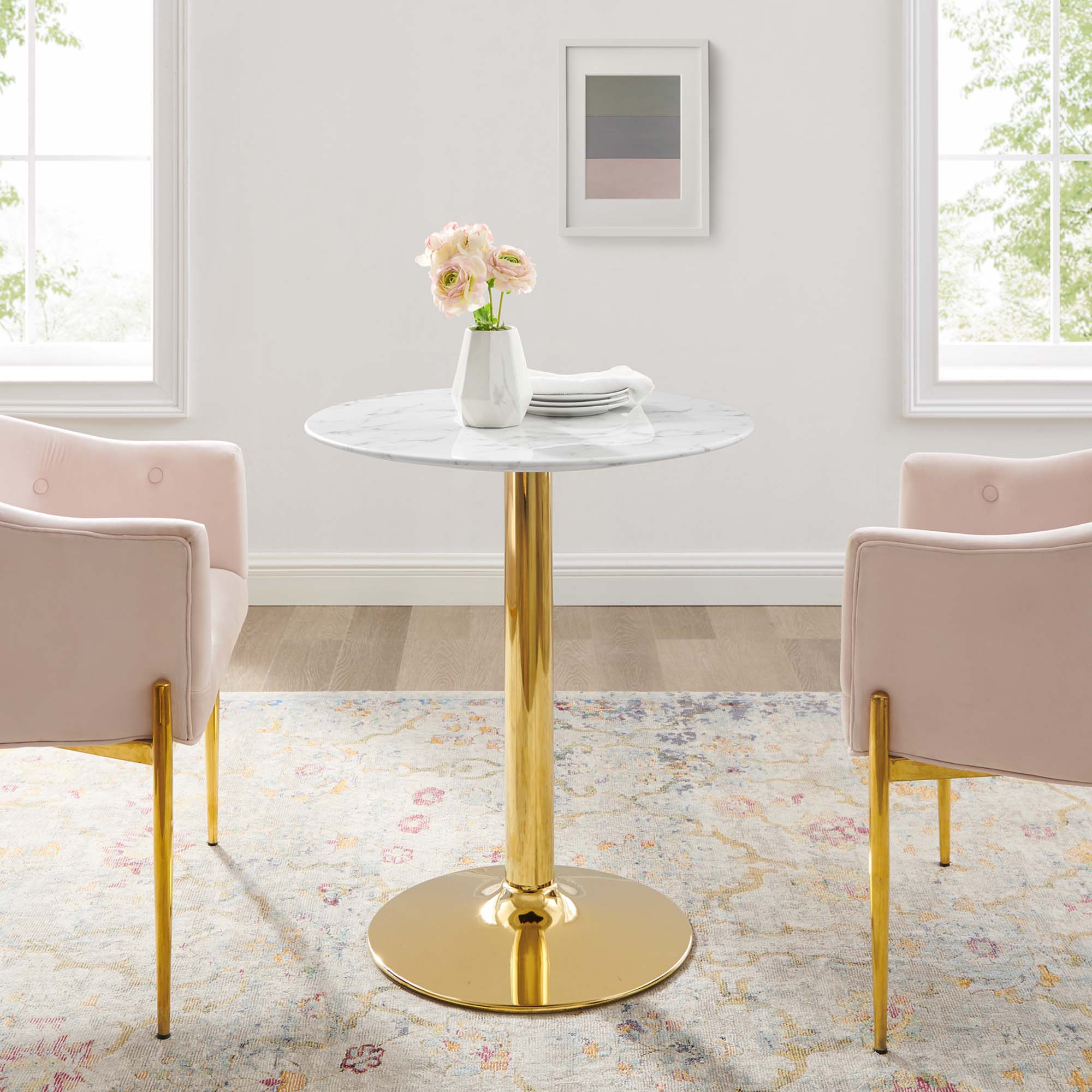 Verne 28" Artificial Marble Dining Table, Gold White
