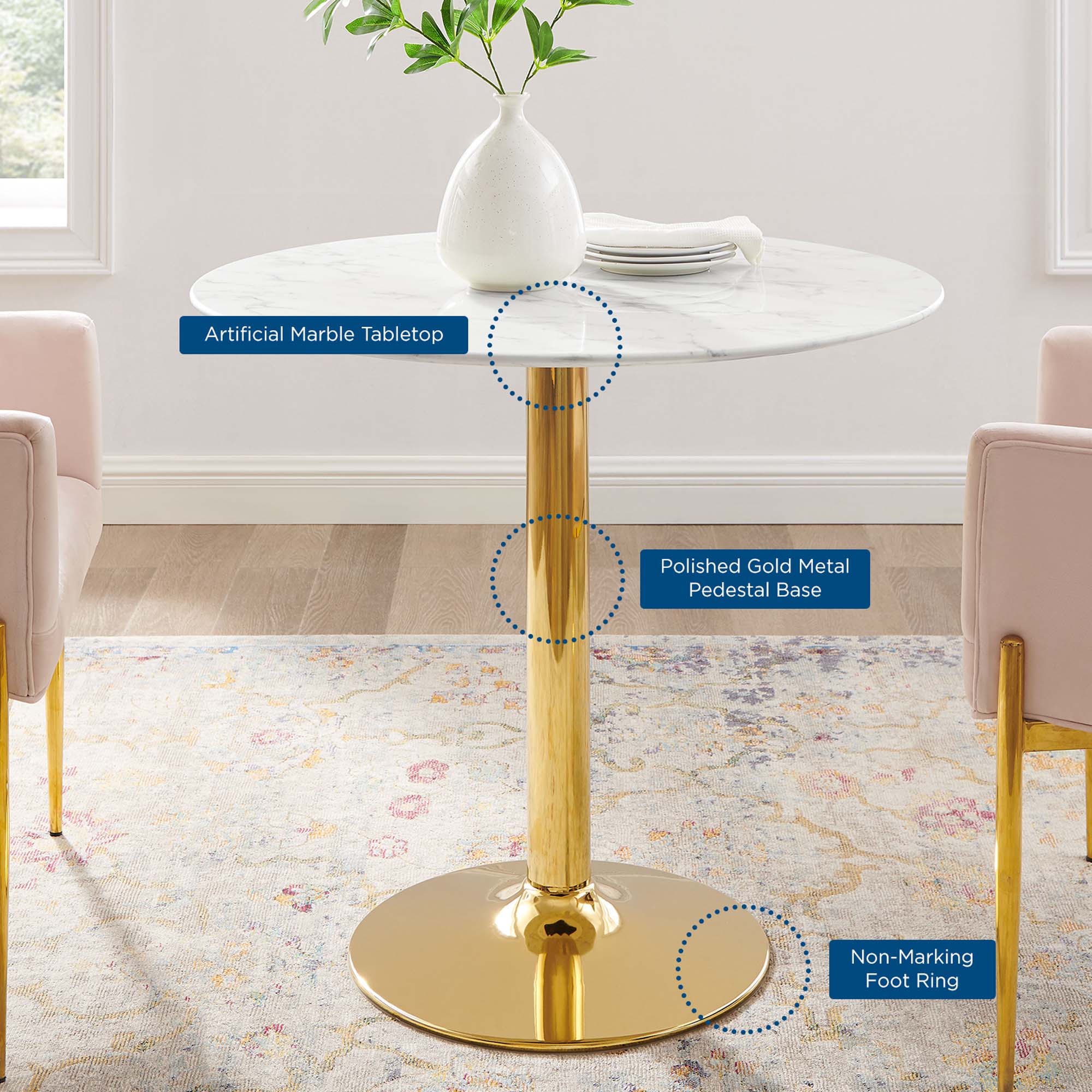 Verne 35" Artificial Marble Dining Table, Gold White