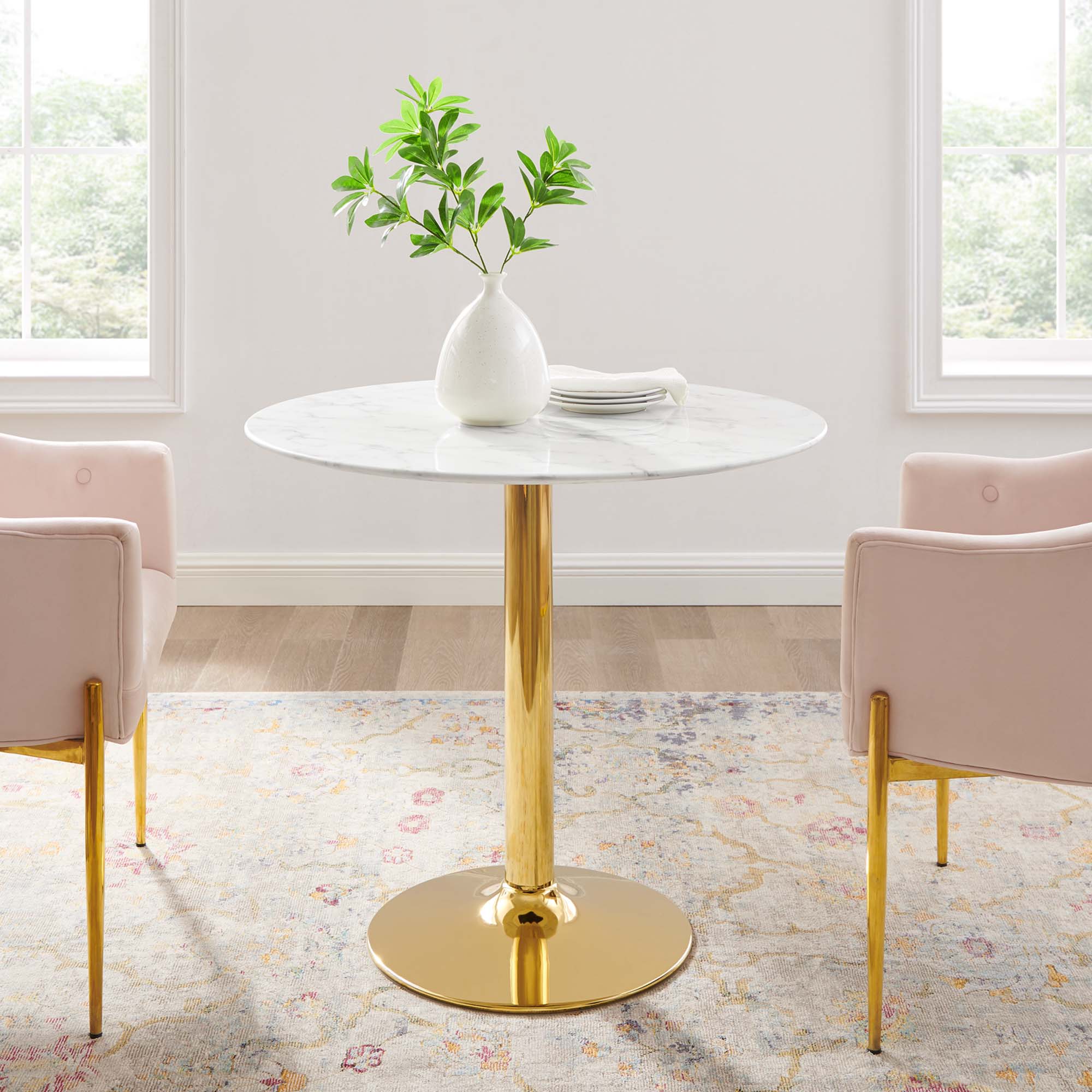 Verne 35" Artificial Marble Dining Table, Gold White