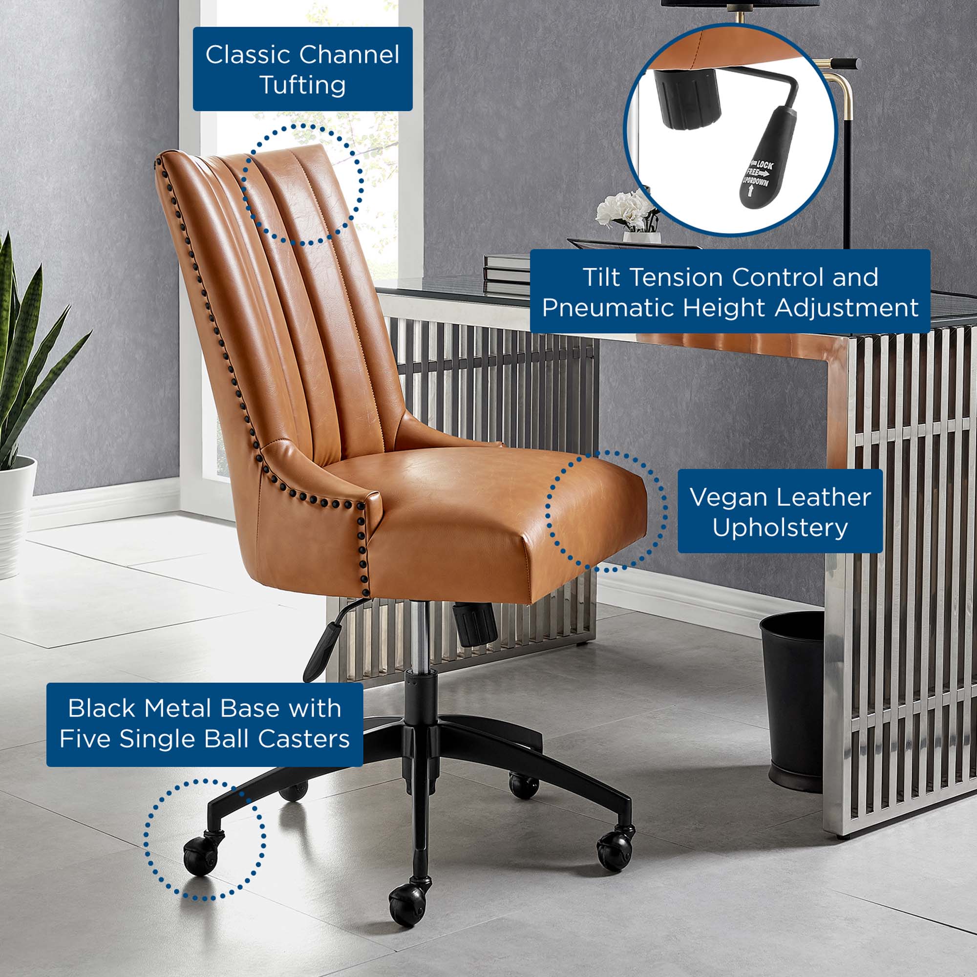 Empower Channel Tufted Vegan Leather Office Chair, Black Tan