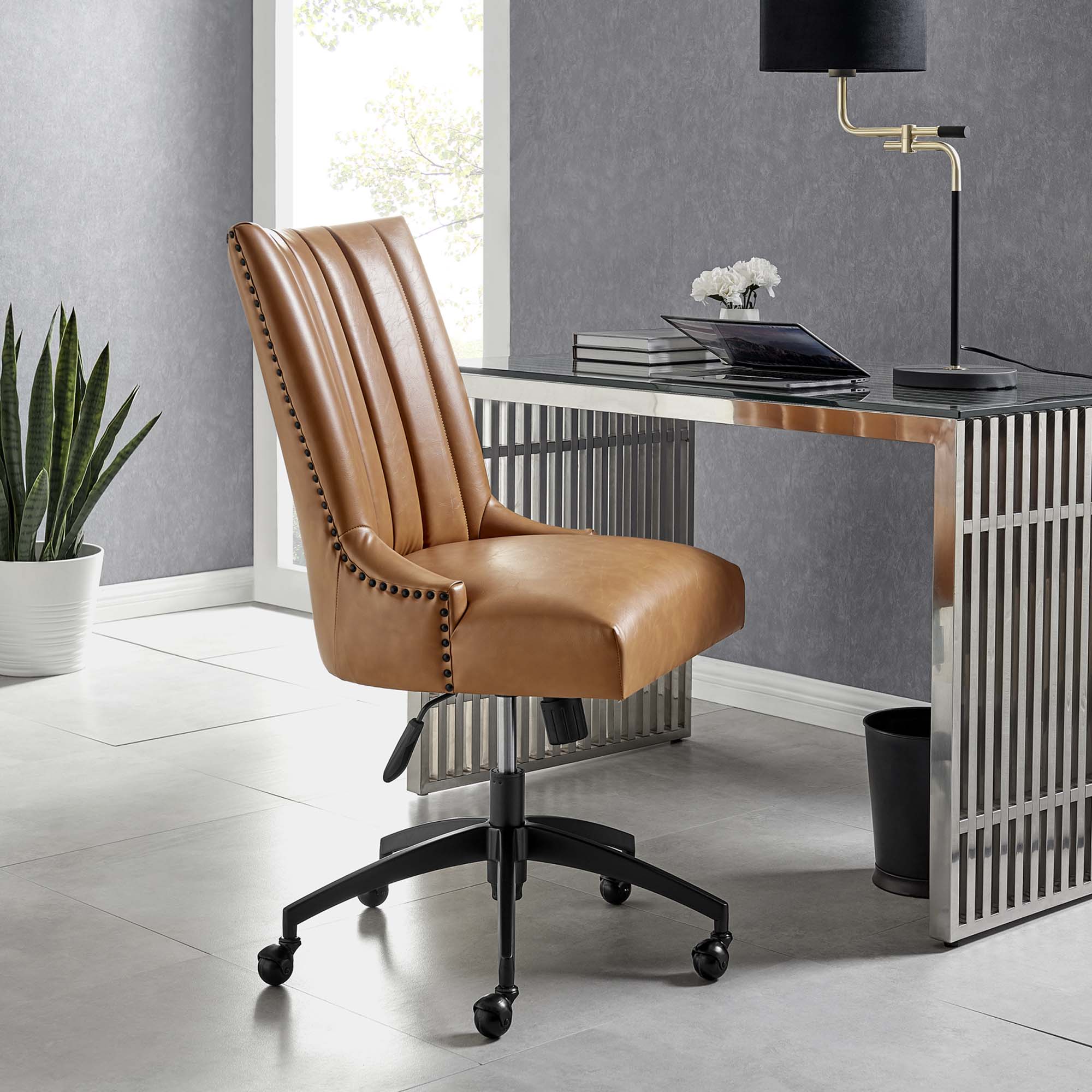 Empower Channel Tufted Vegan Leather Office Chair, Black Tan