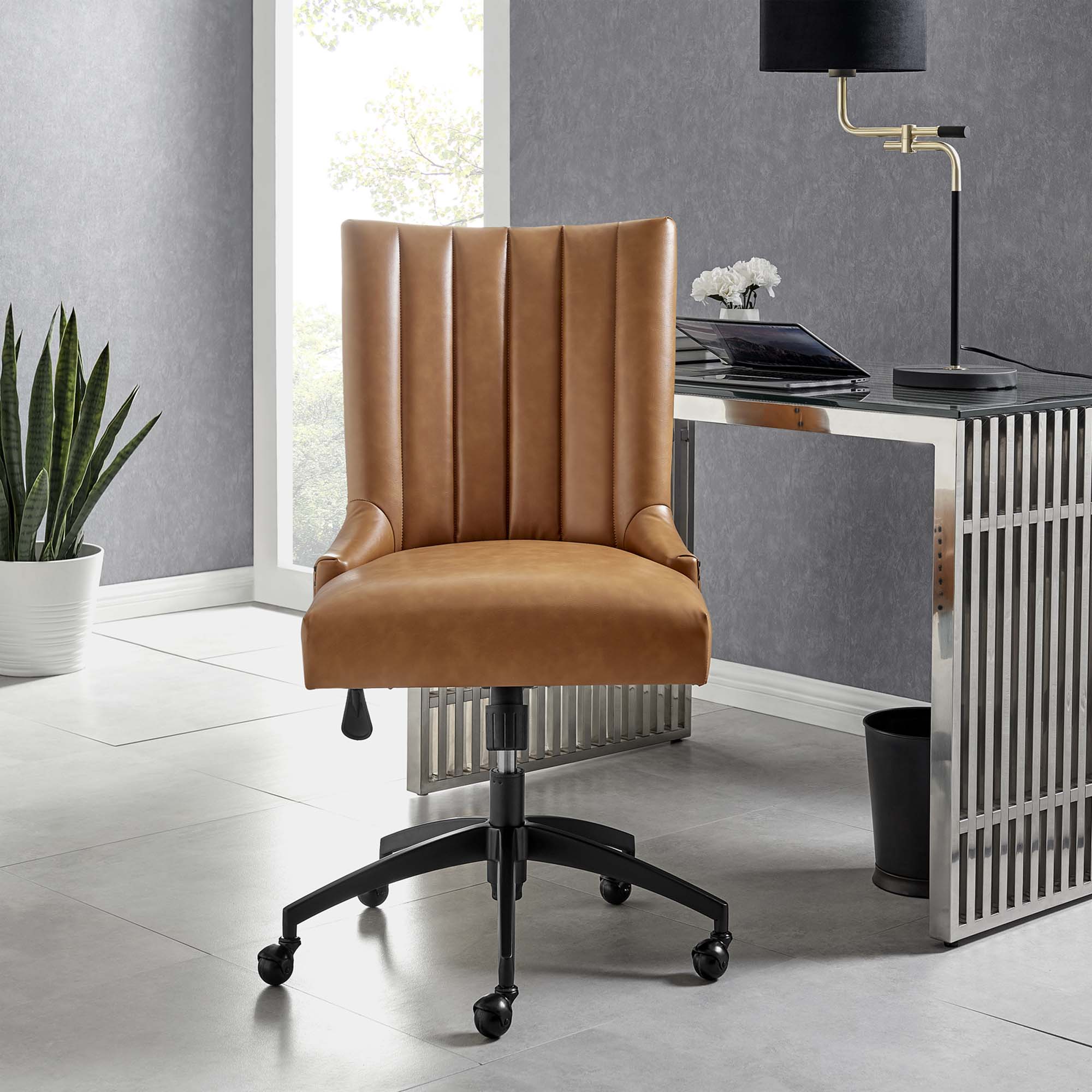 Empower Channel Tufted Vegan Leather Office Chair, Black Tan
