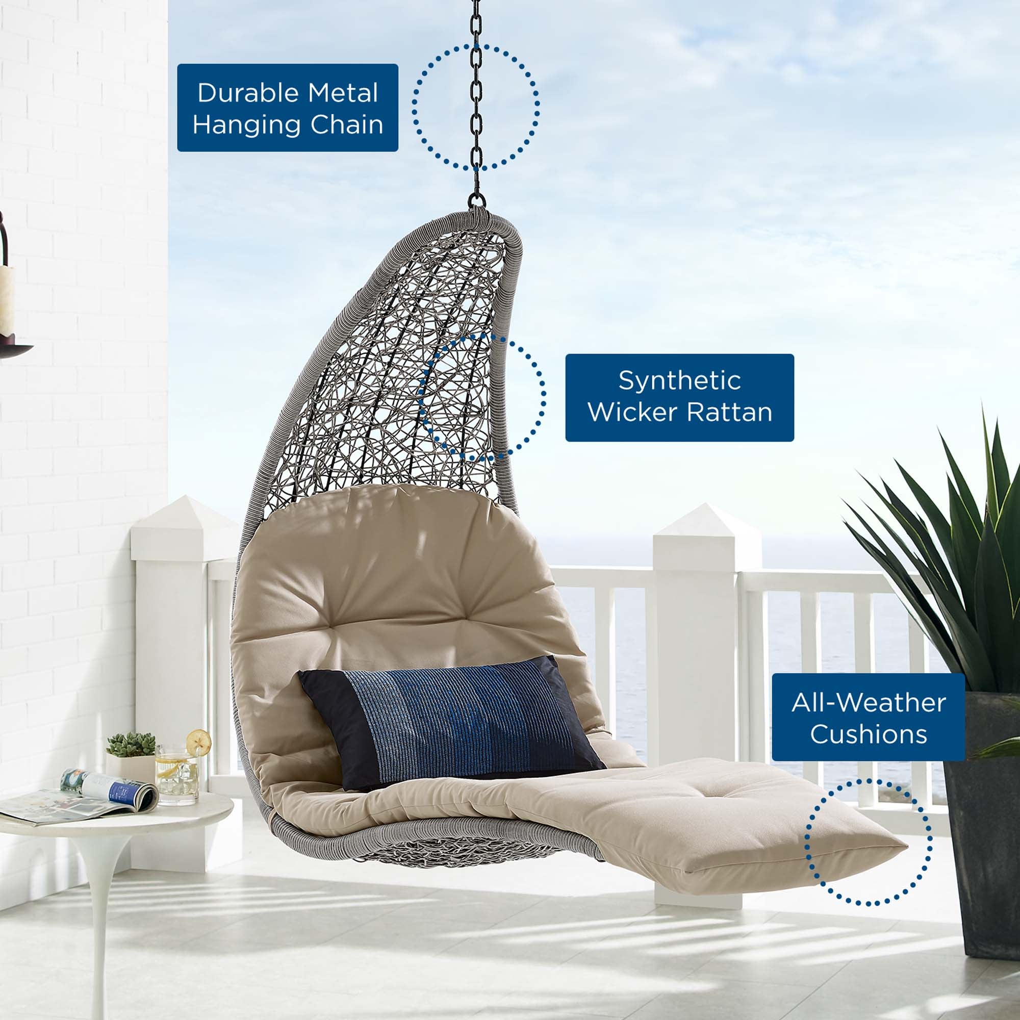 Landscape Hanging Chaise Lounge Outdoor Patio Swing Chair, Light Gray Beige