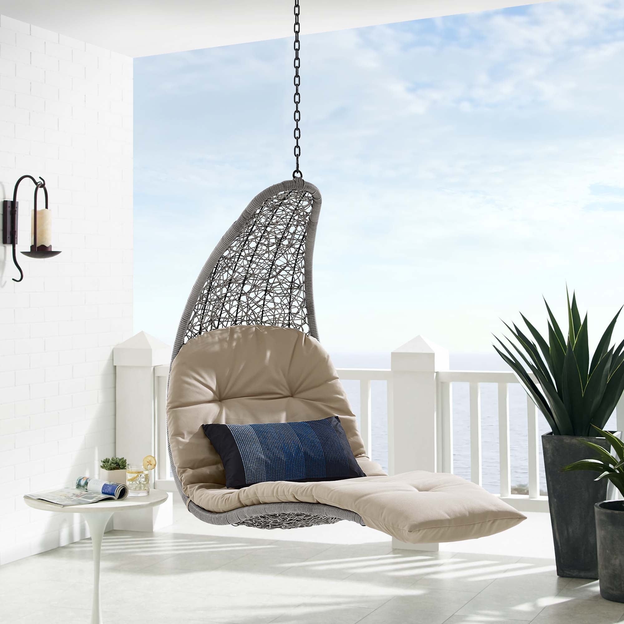 Landscape Hanging Chaise Lounge Outdoor Patio Swing Chair, Light Gray Beige