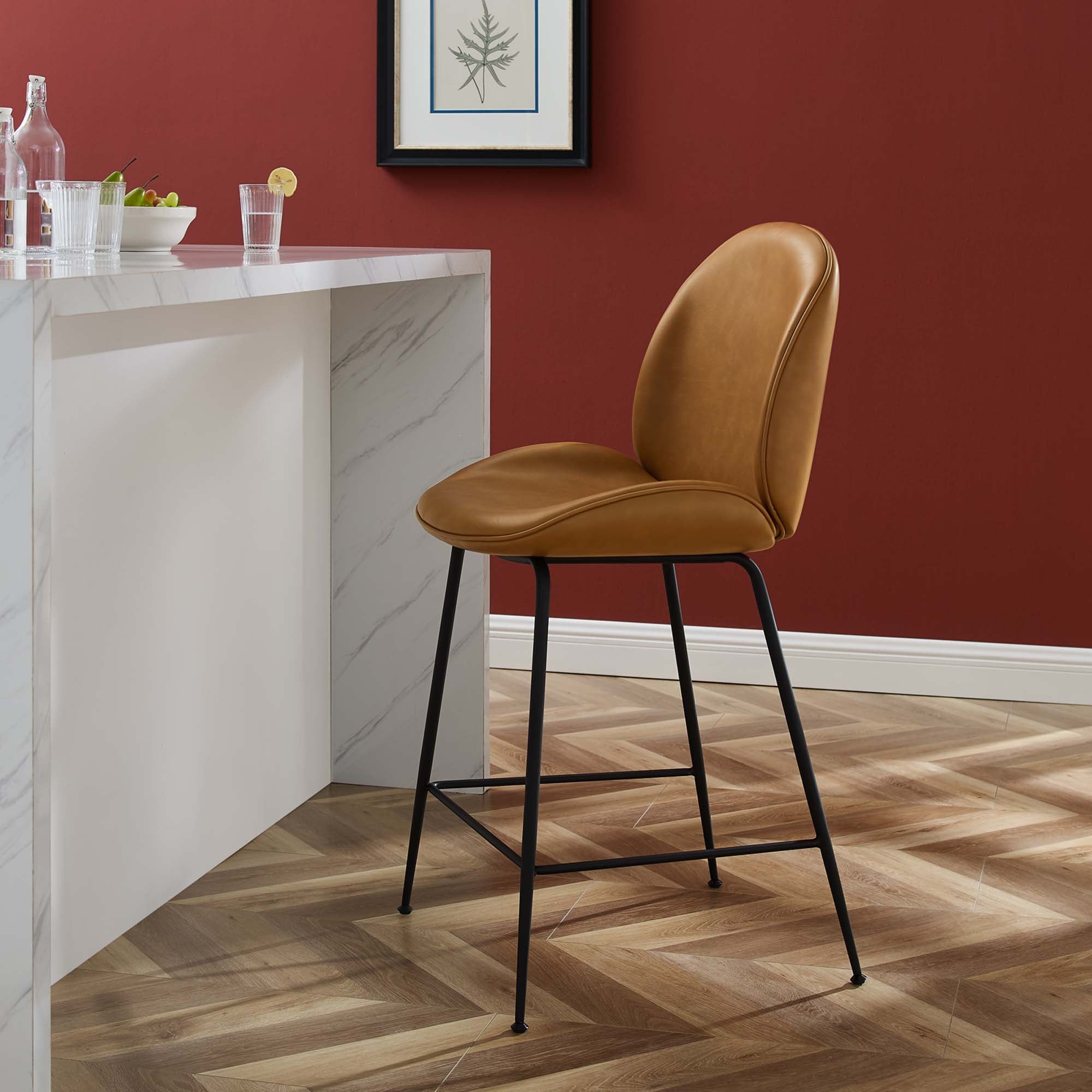 Scoop Black Powder Coated Steel Leg Vegan Leather Counter Stool, Tan