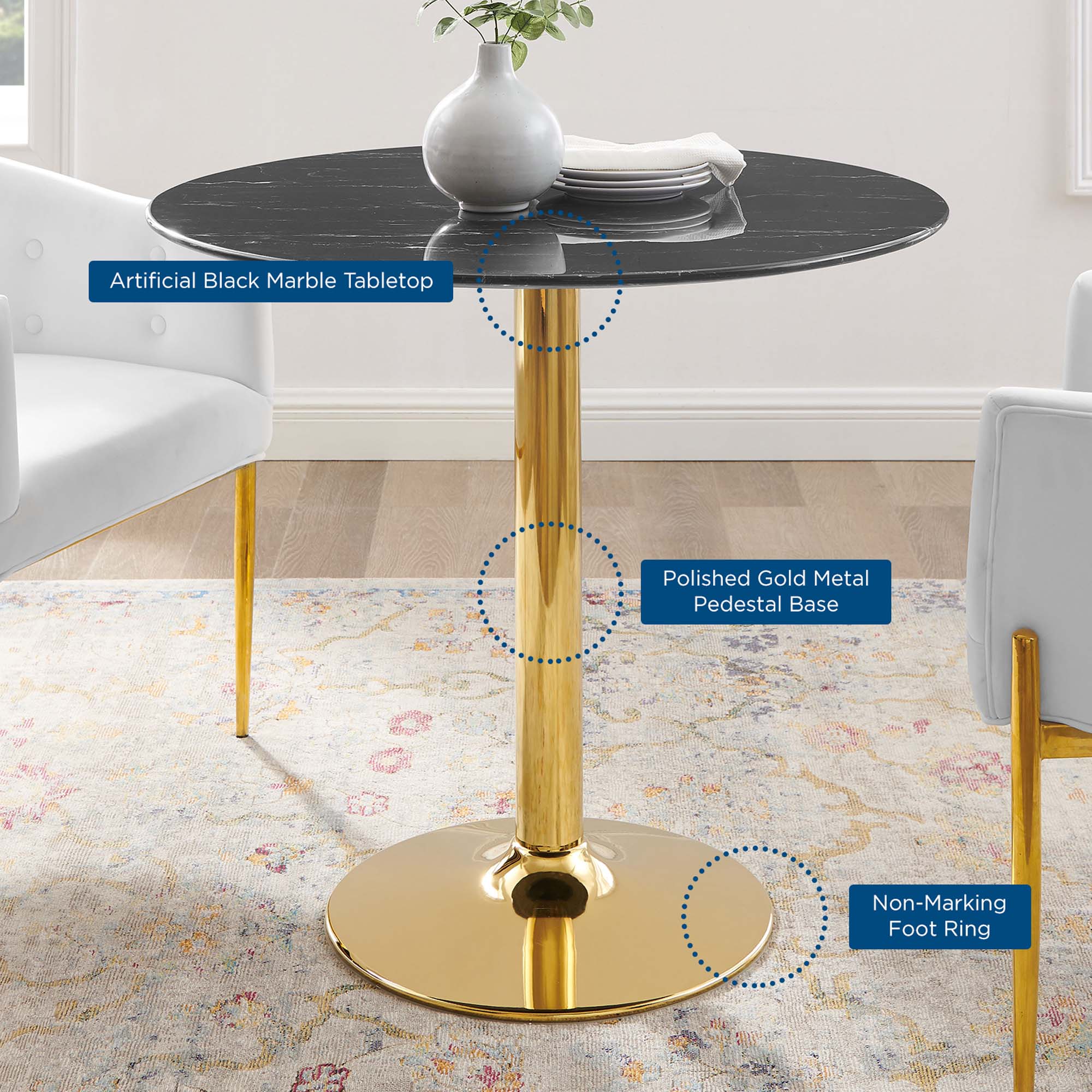 Verne 35" Artificial Marble Dining Table, Gold Black