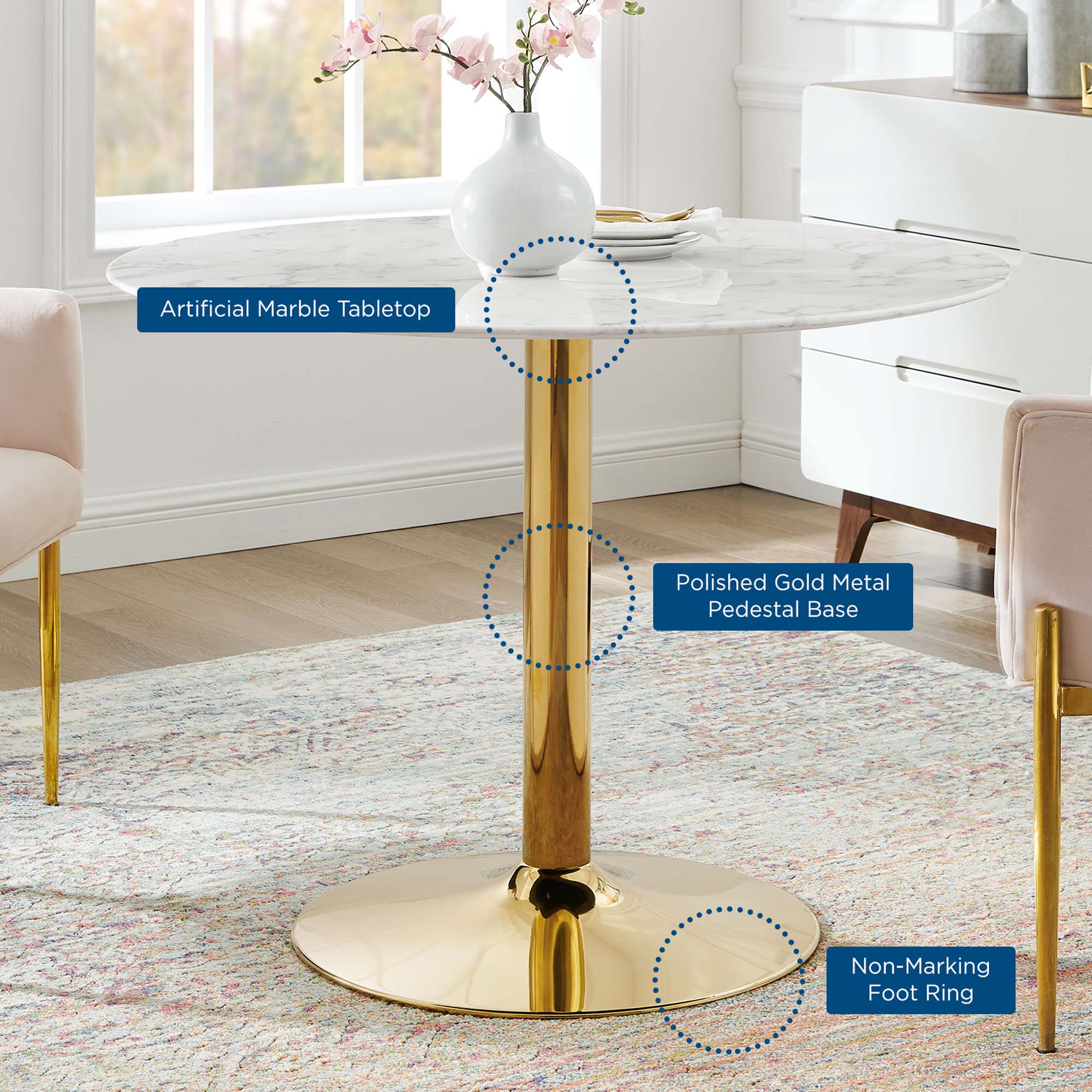 Verne 40" Artificial Marble Dining Table, Gold White