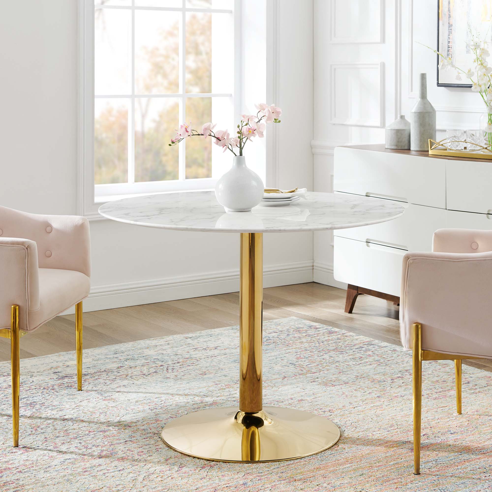 Verne 40" Artificial Marble Dining Table, Gold White