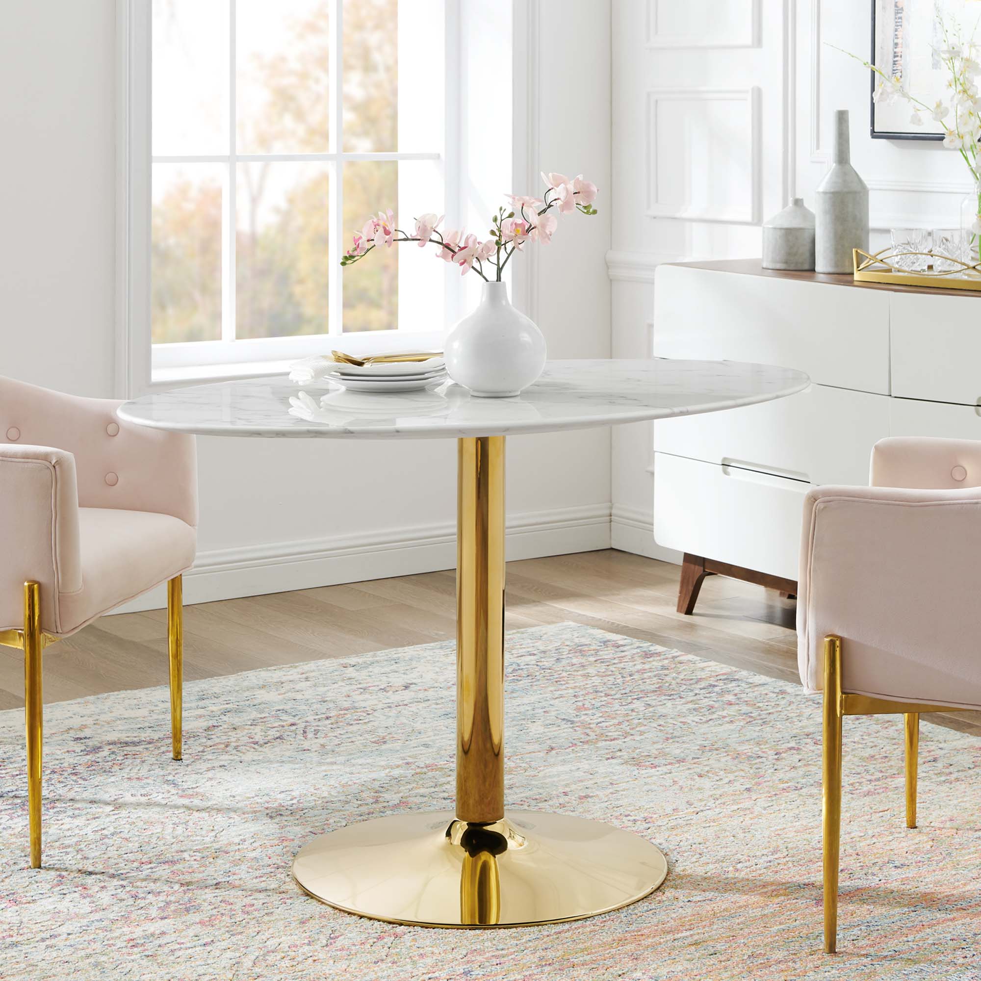 Verne 48" Oval Artificial Marble Dining Table, Gold White