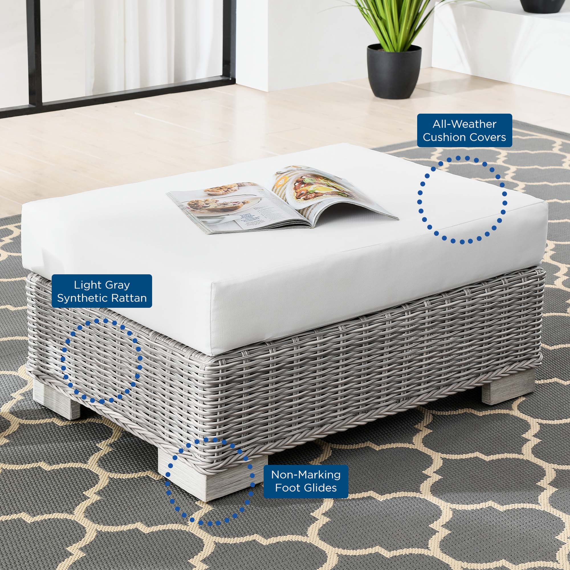 Conway Outdoor Patio Wicker Rattan Ottoman, Light Gray White