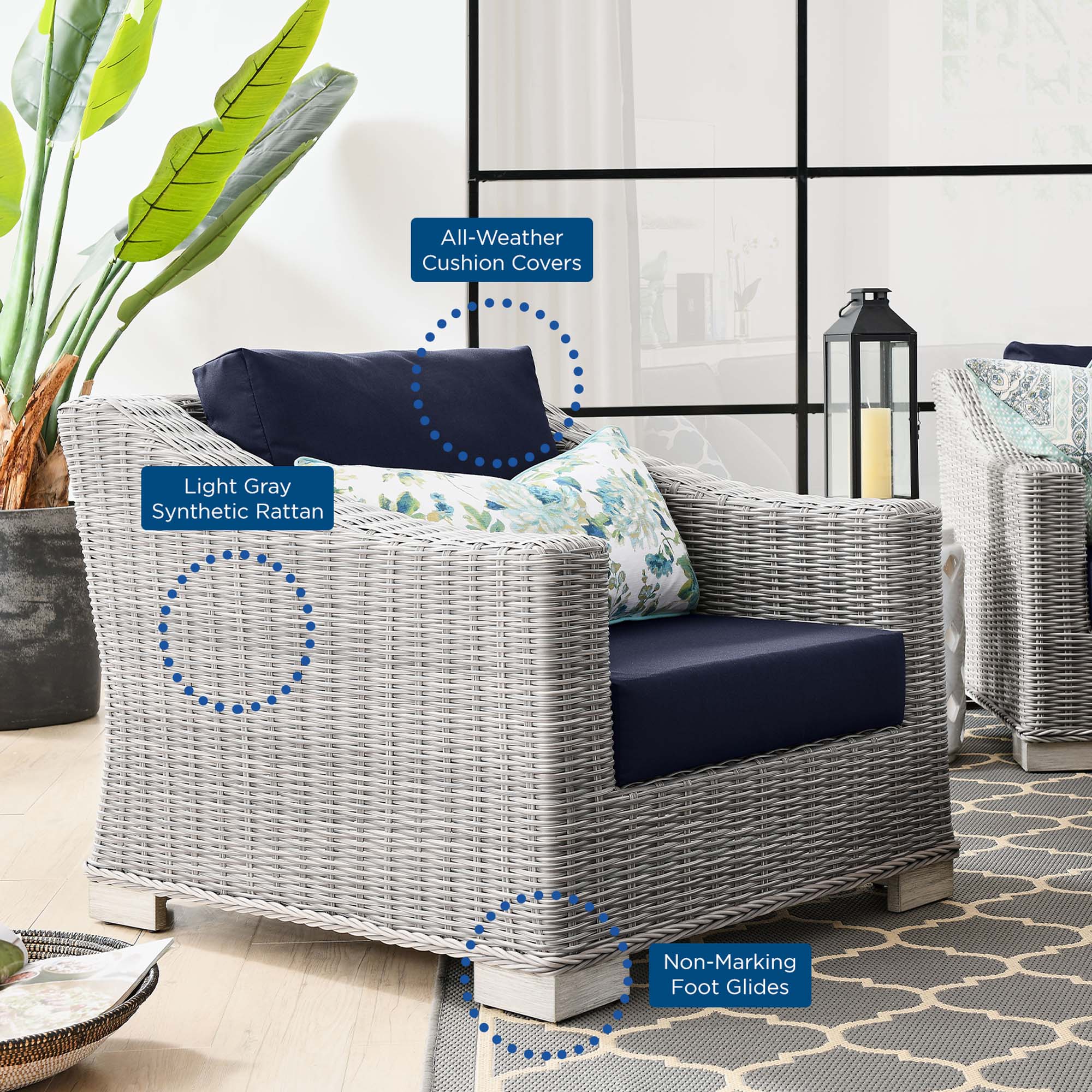Conway Outdoor Patio Wicker Rattan Armchair, Light Gray Navy