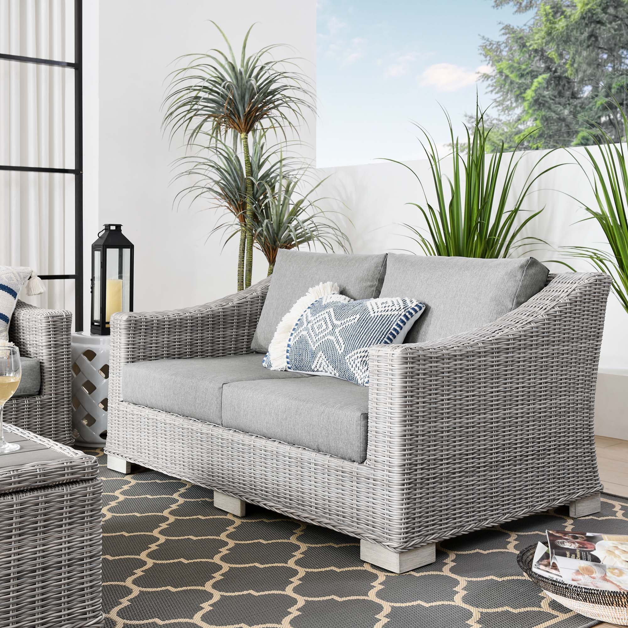 Conway Outdoor Patio Wicker Rattan Loveseat, Light Gray Gray