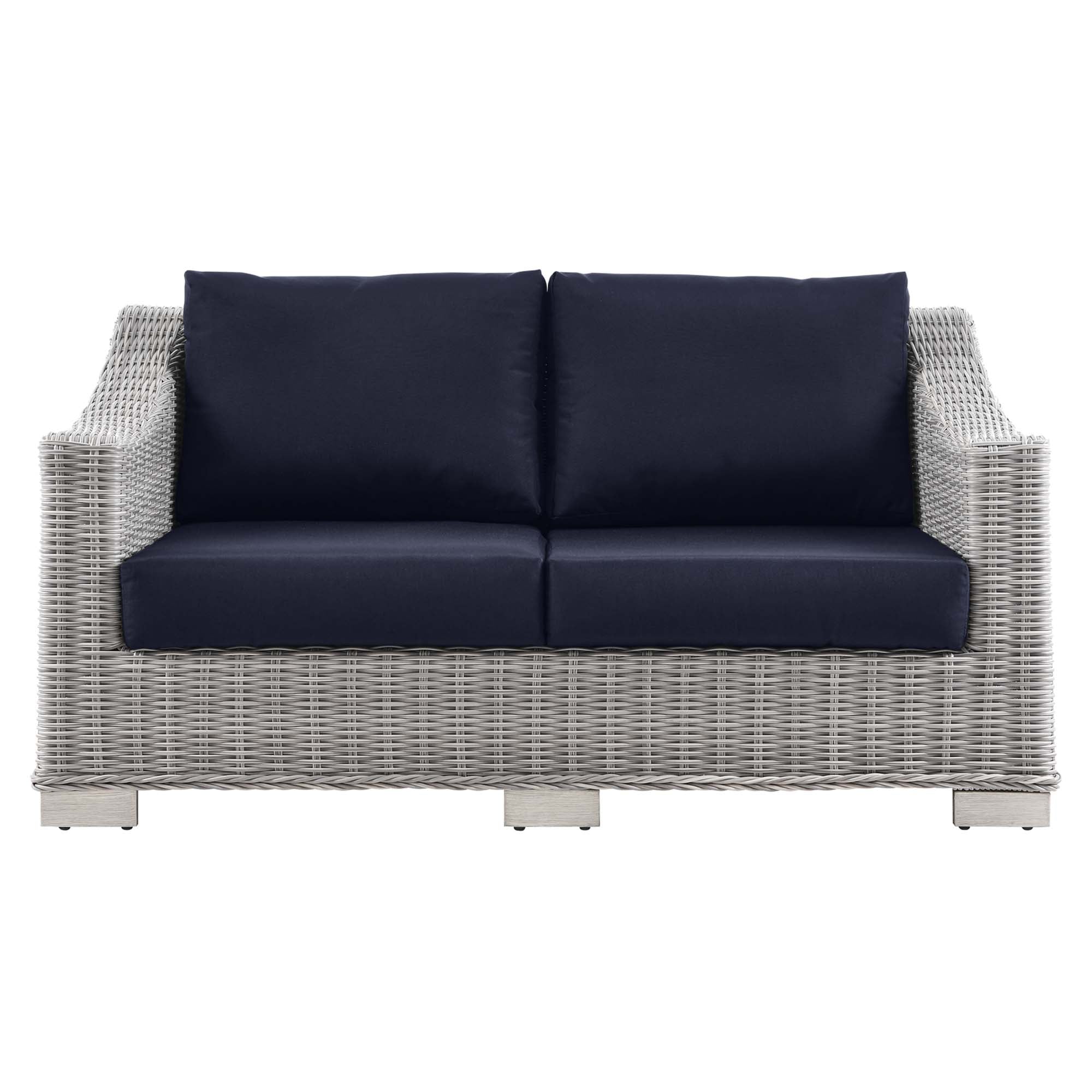 Conway Outdoor Patio Wicker Rattan Loveseat, Light Gray Navy