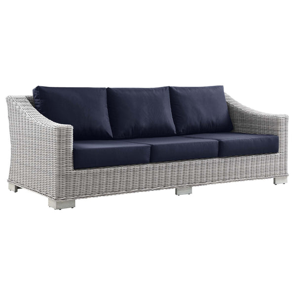 Conway Outdoor Patio Wicker Rattan Sofa, Light Gray Navy