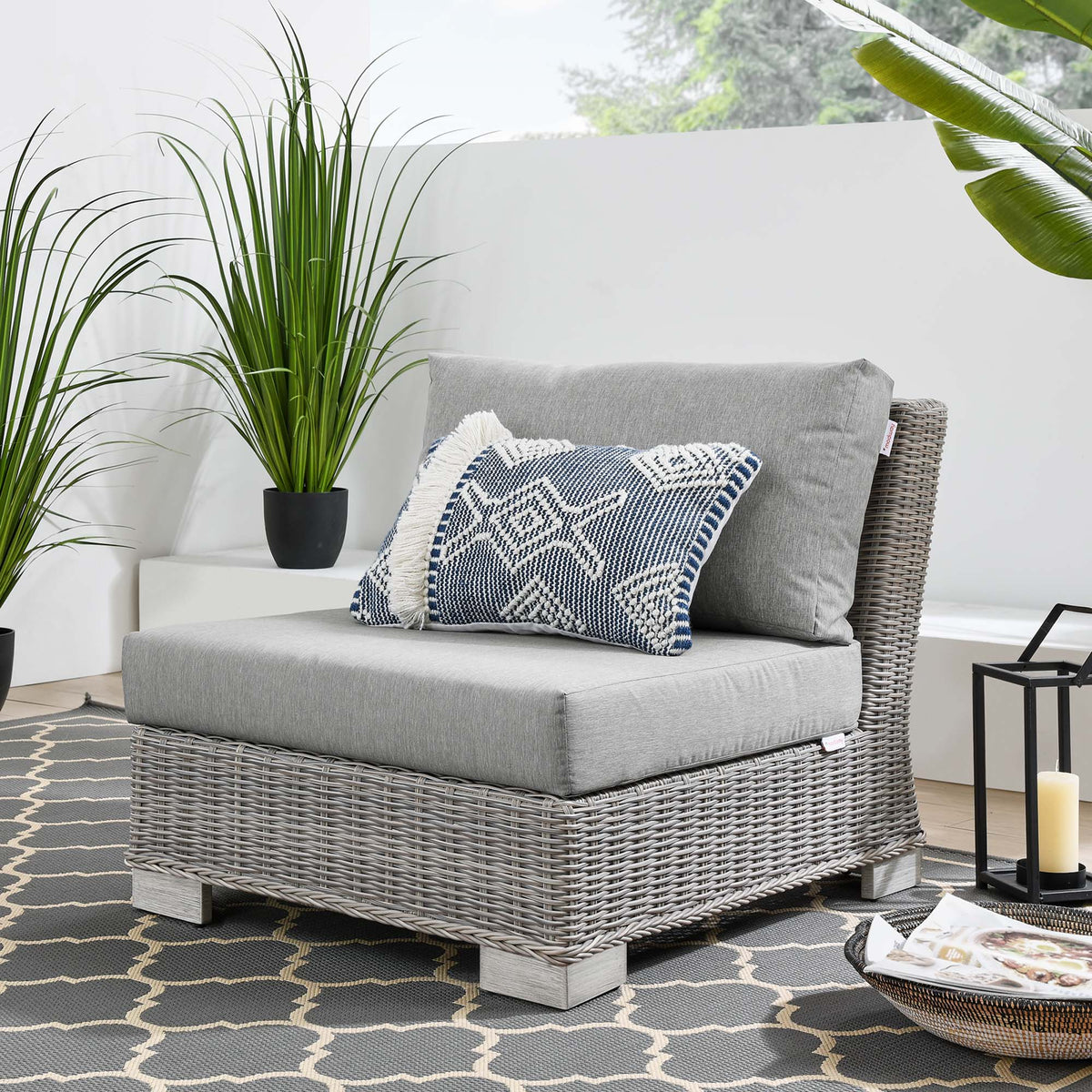 Conway Outdoor Patio Wicker Rattan Armless Chair, Light Gray Gray