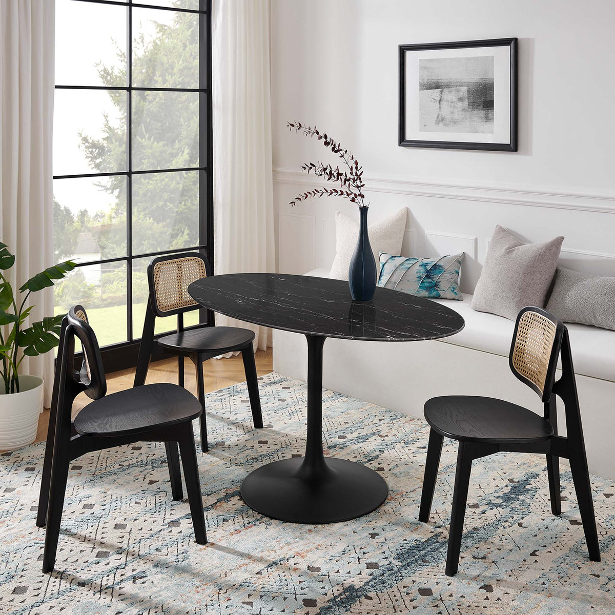 Lippa 54" Oval Faux Marble Dining Table, Black Black