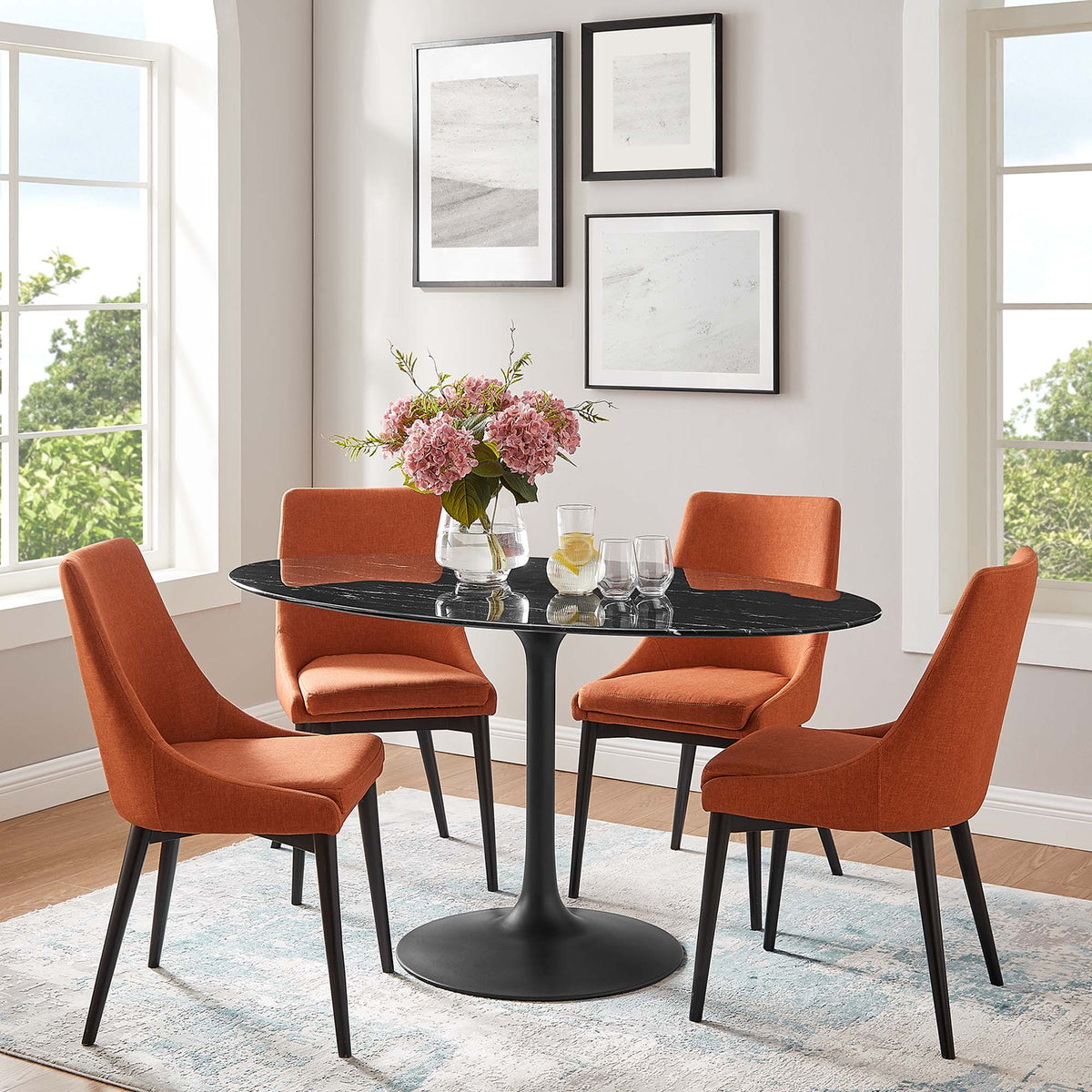 Lippa 60" Oval Faux Marble Dining Table, Black Black