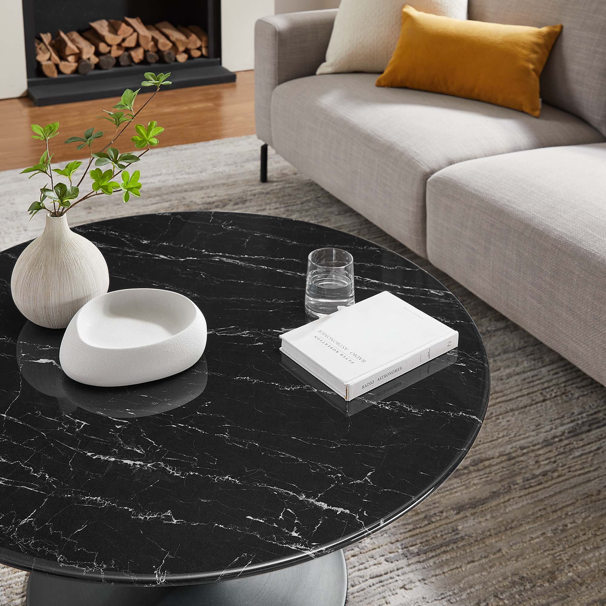 Lippa 36" Round Faux Marble Coffee Table, Black Black