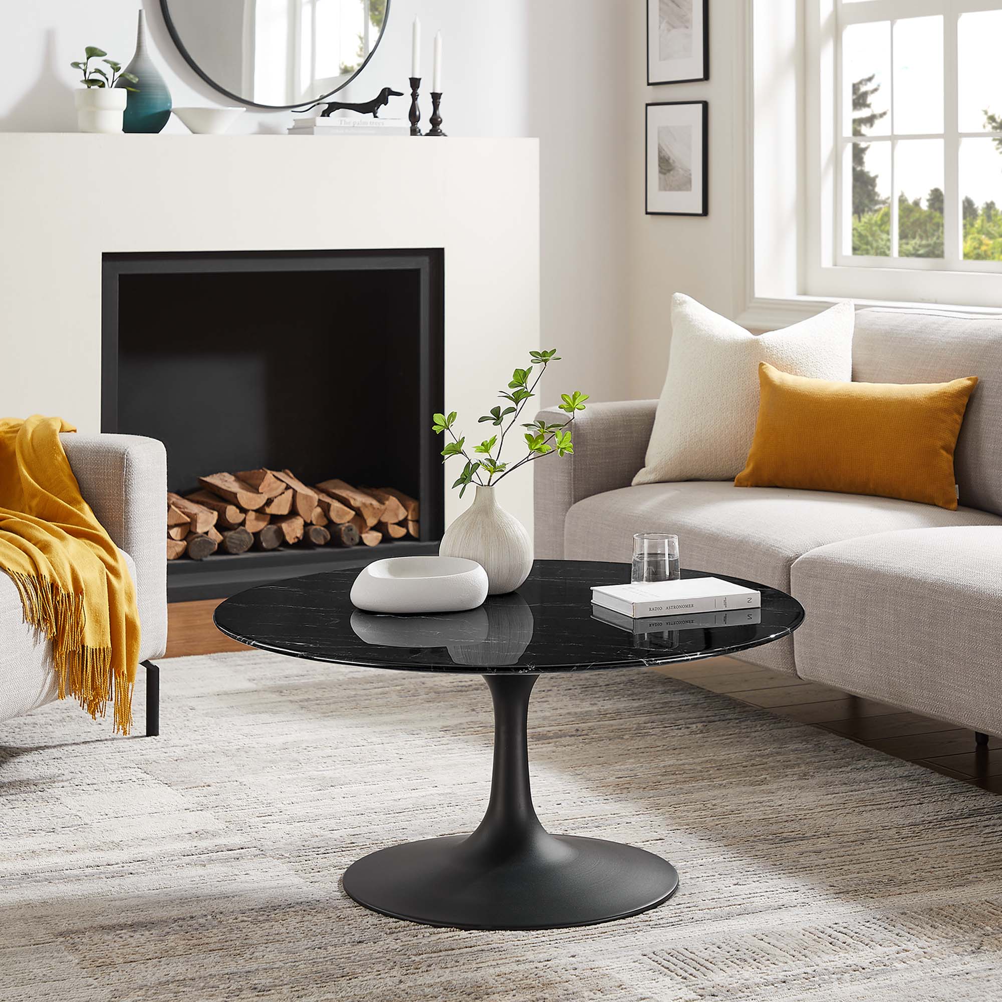Lippa 36" Round Faux Marble Coffee Table, Black Black