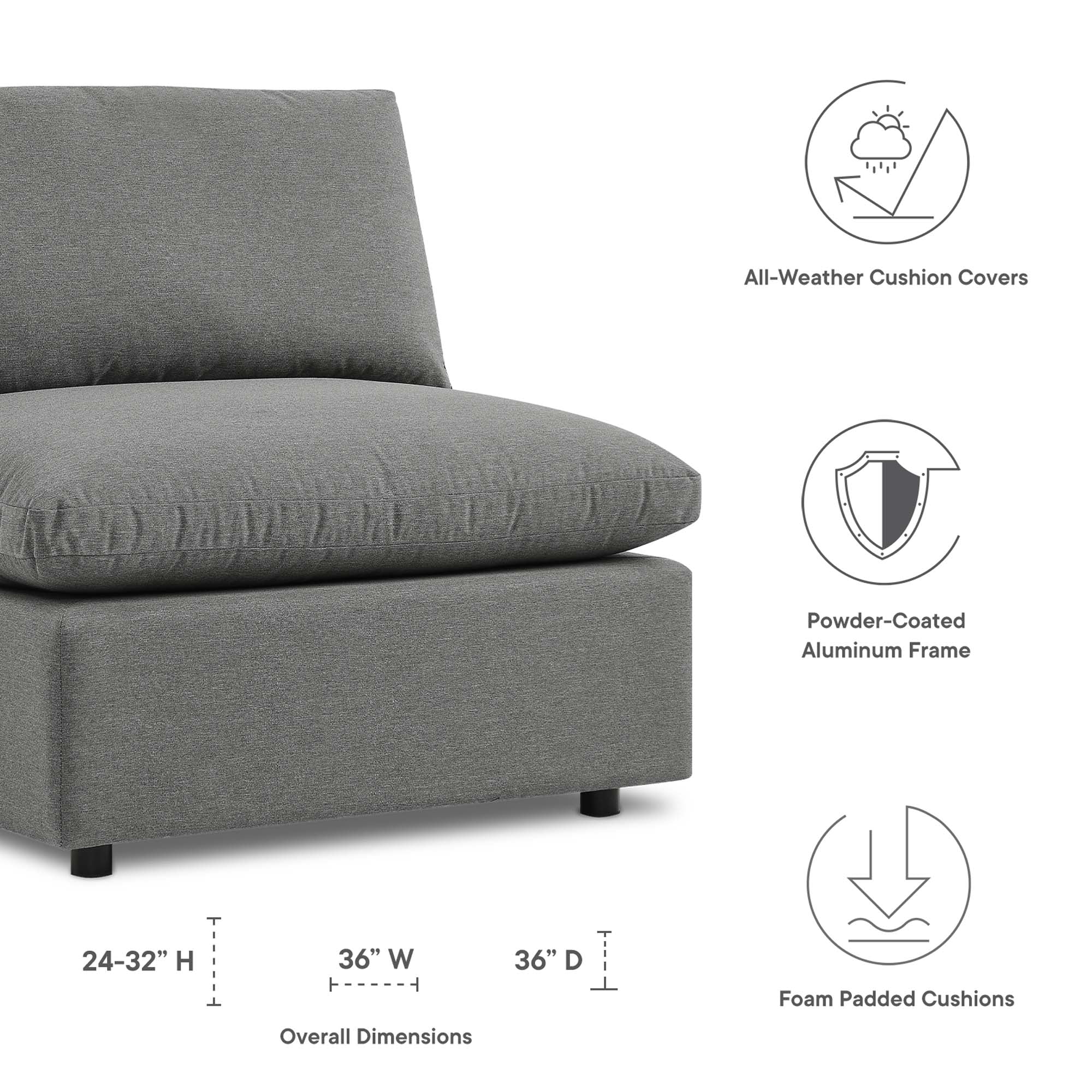 Commix Overstuffed Outdoor Patio Armless Chair, Charcoal