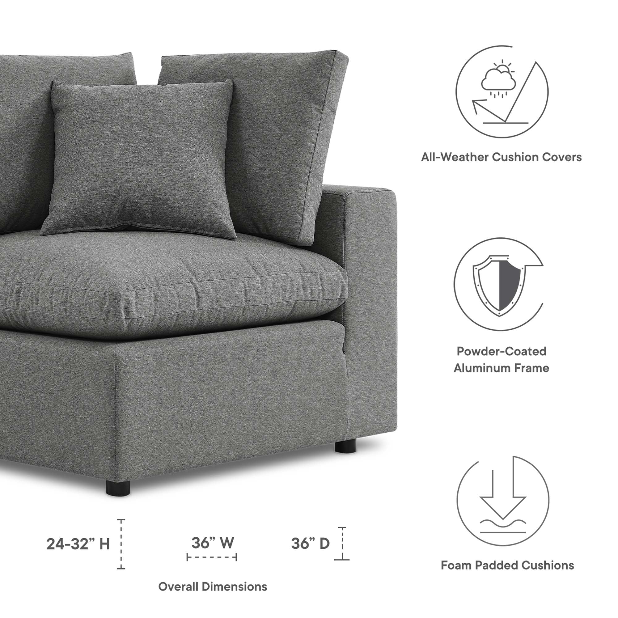 Commix Overstuffed Outdoor Patio Corner Chair, Charcoal