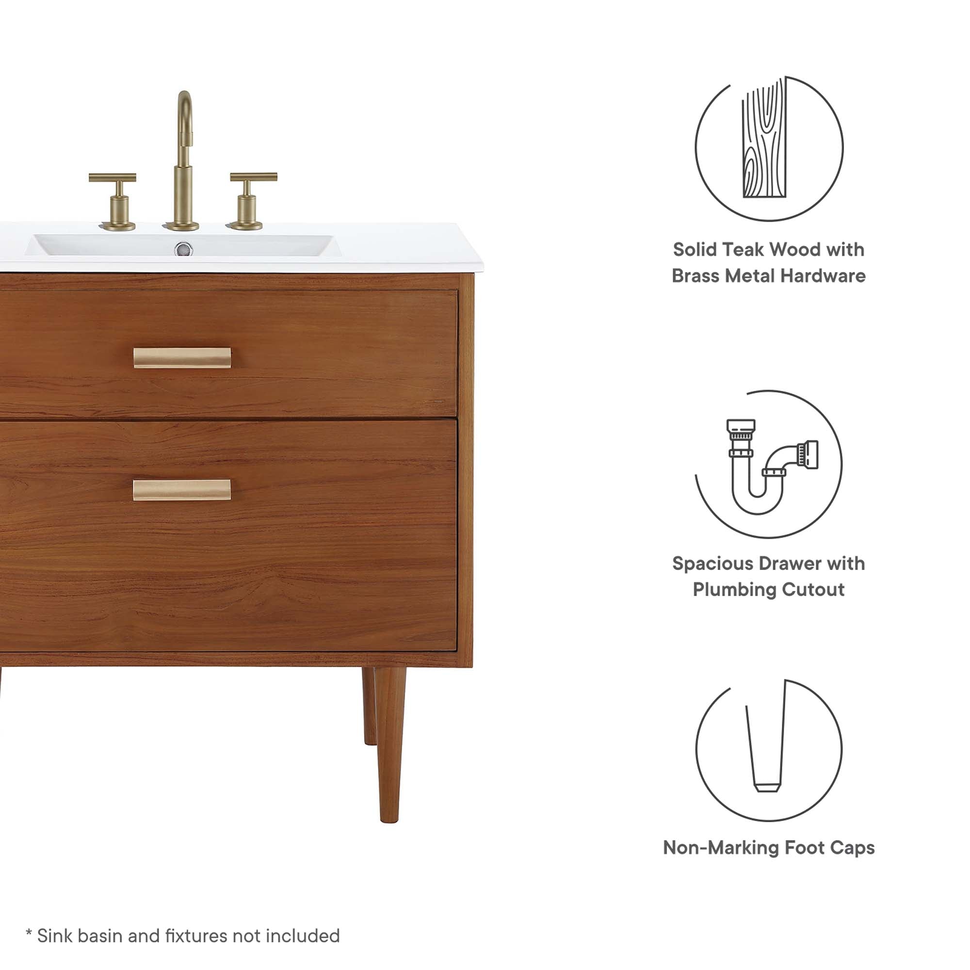 Cassia 36" Teak Wood Bathroom Vanity Cabinet (Sink Basin Not Included), Natural