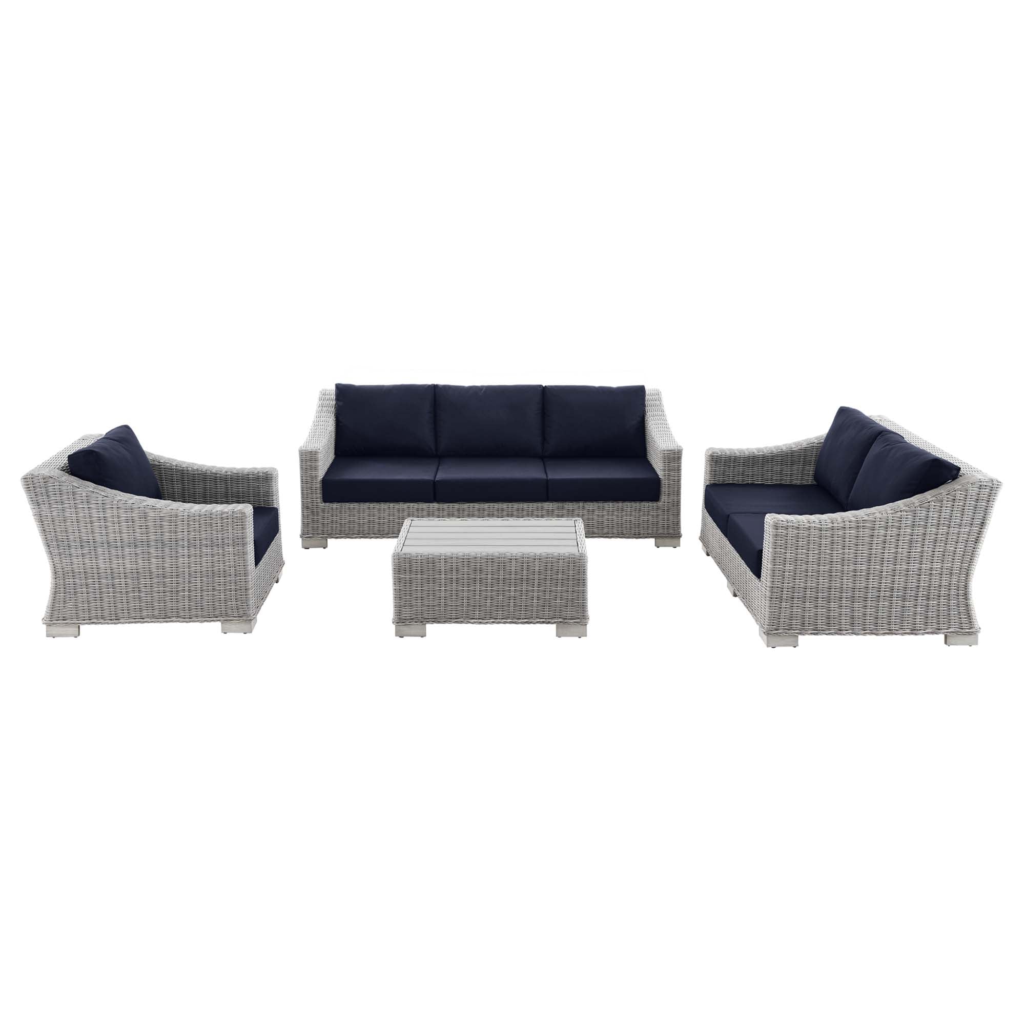 Conway 4-Piece Outdoor Patio Wicker Rattan Furniture Set, Light Gray Navy