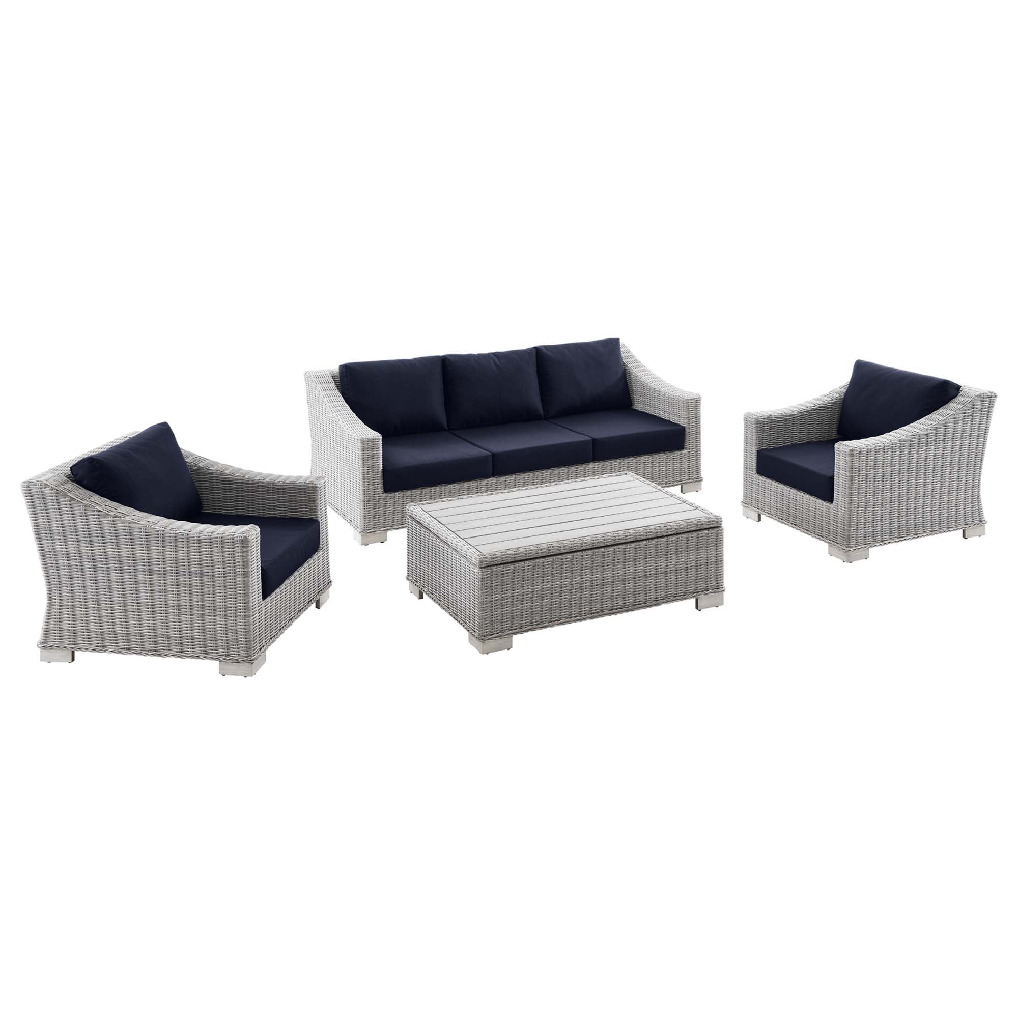 Conway 4-Piece Outdoor Patio Wicker Rattan Furniture Set, Light Gray Navy