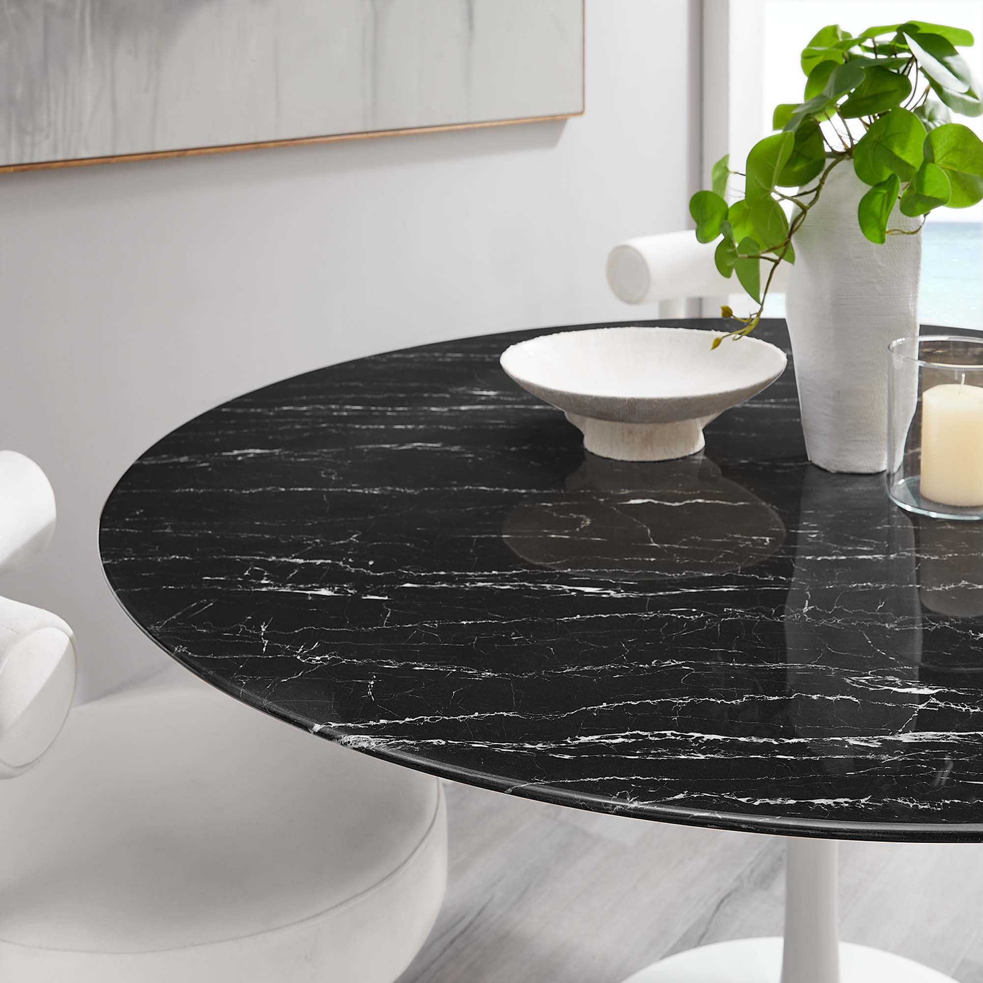 Lippa 60" Round Faux Marble Dining Table, White Black