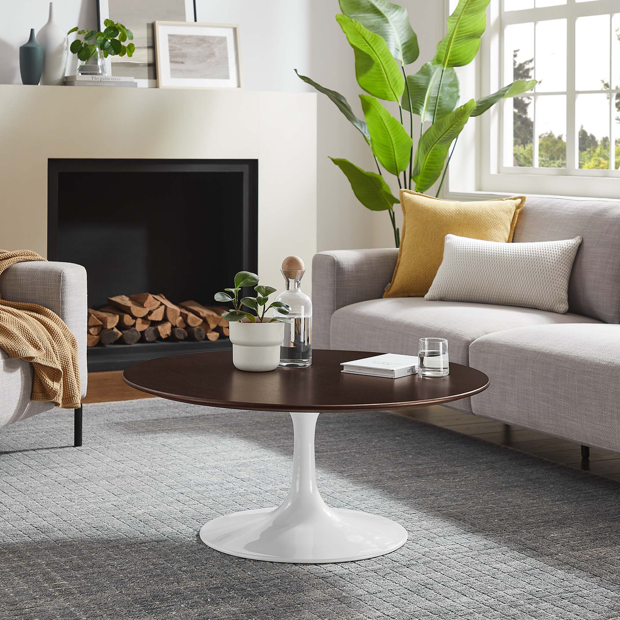 Lippa 36" Round Wood Coffee Table, White Cherry Walnut