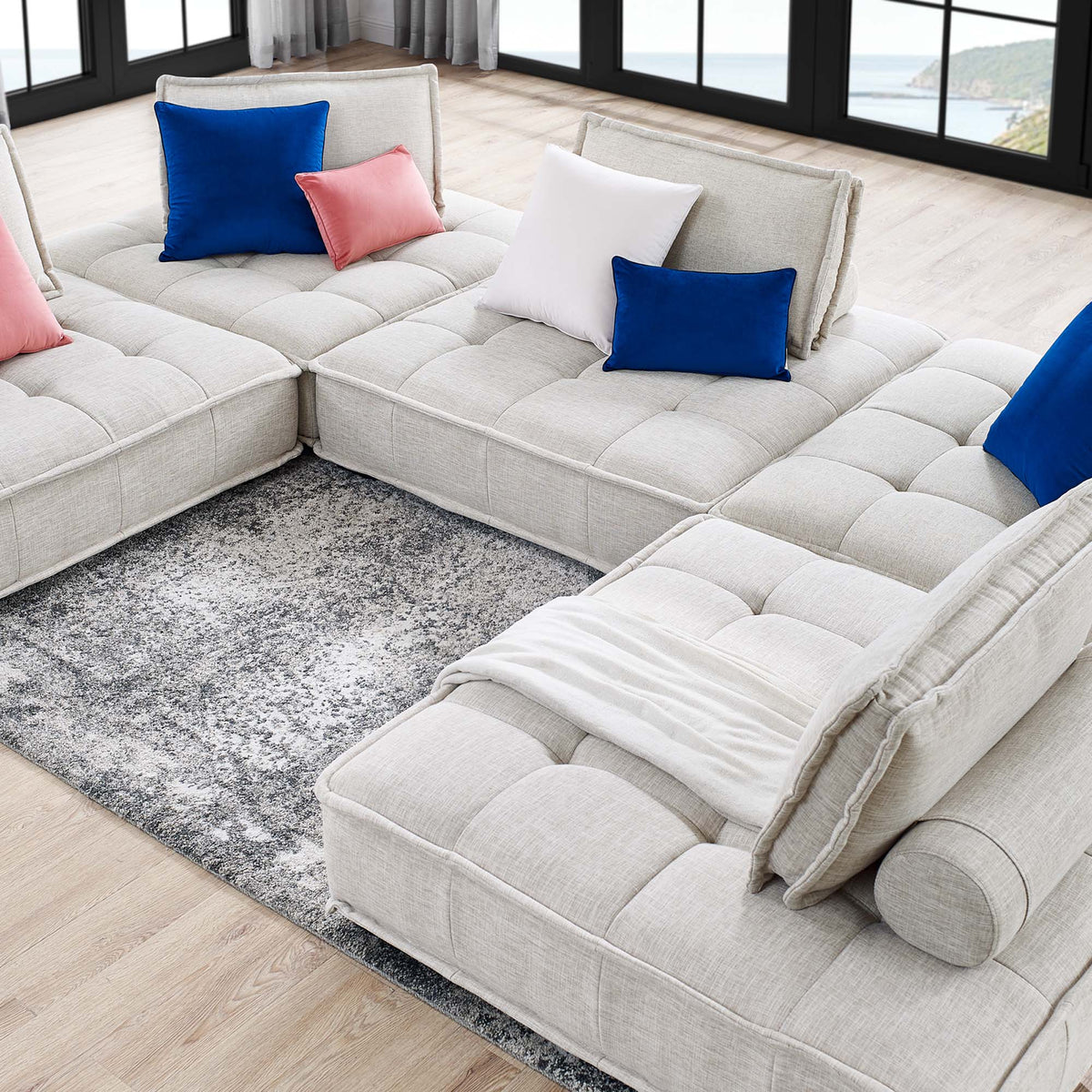 Saunter 5-Piece Tufted Fabric Fabric Sectional Sofa, Beige