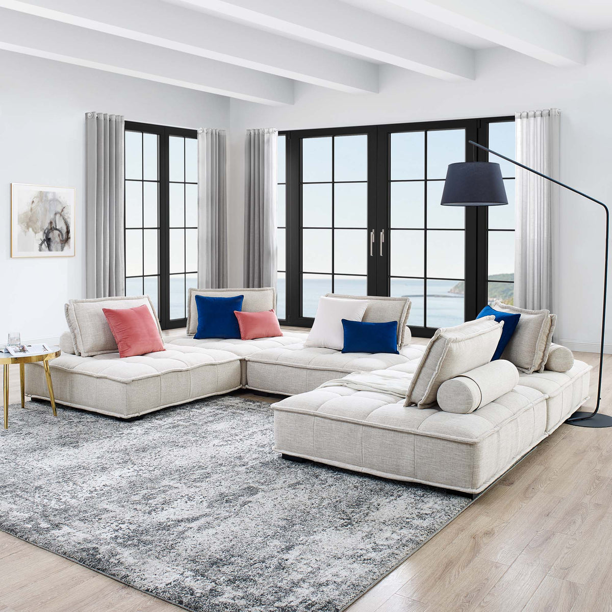 Saunter 5-Piece Tufted Fabric Fabric Sectional Sofa, Beige