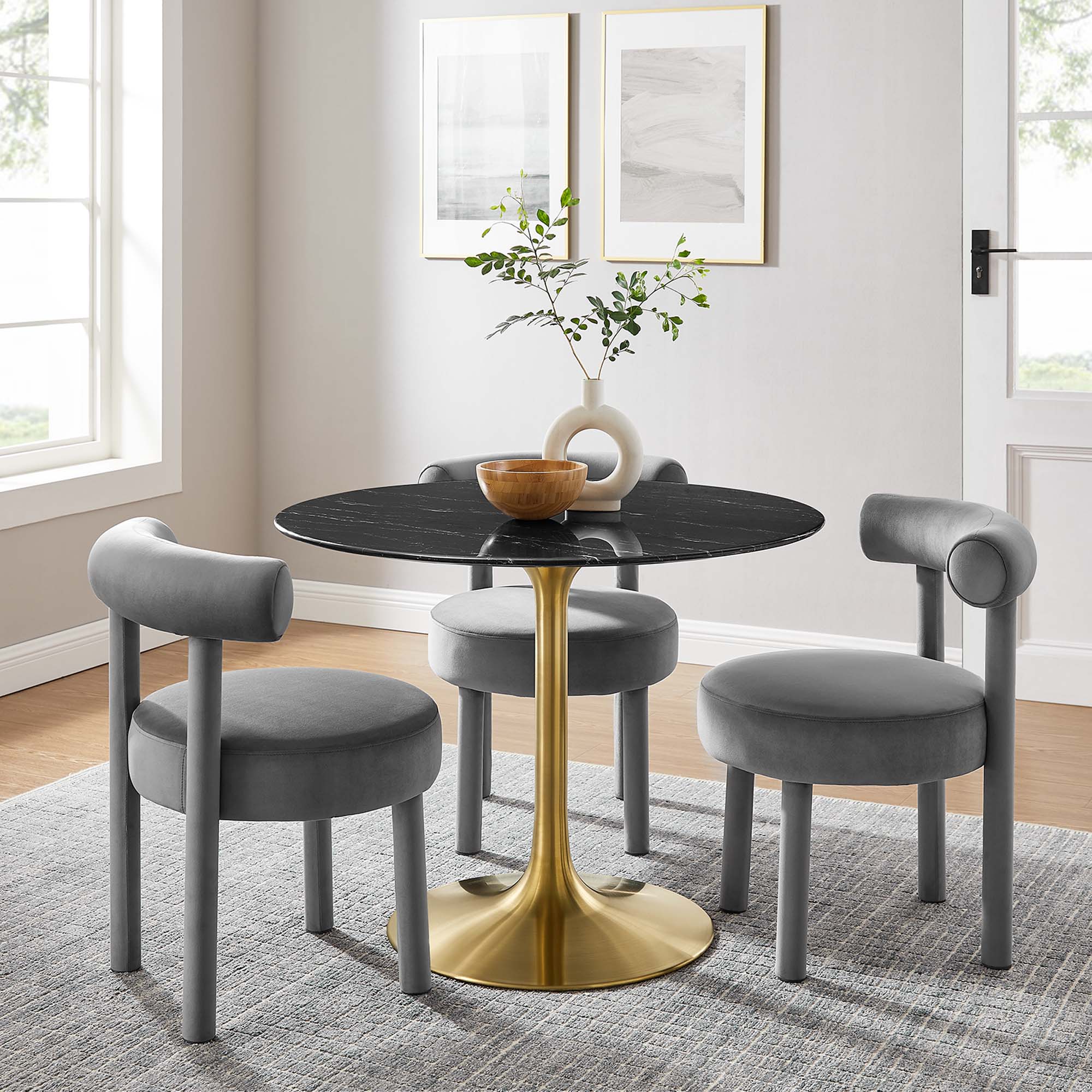 Lippa 40" Round Faux Marble Dining Table, Gold Black
