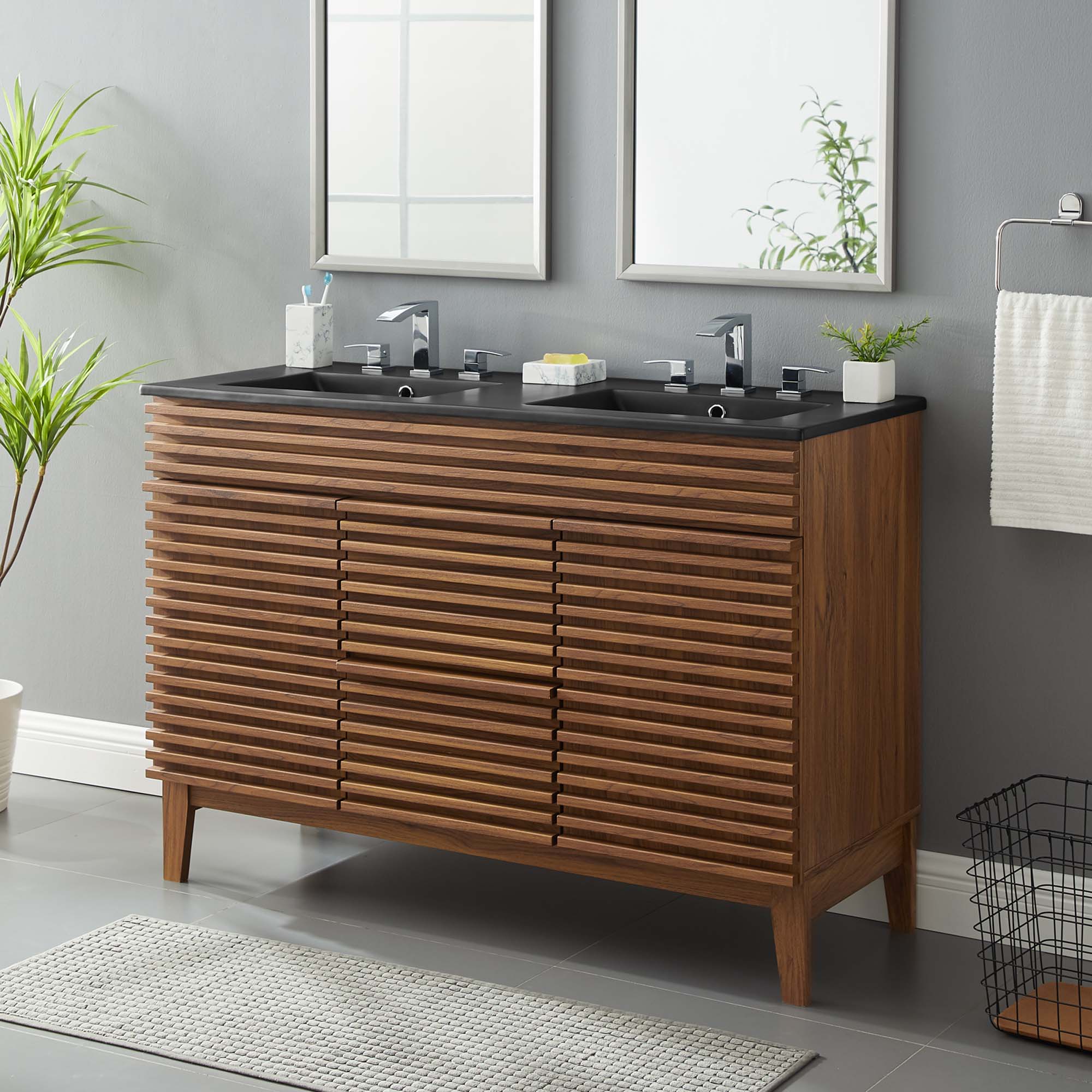 Render 48" Double Sink Bathroom Vanity, Walnut Black
