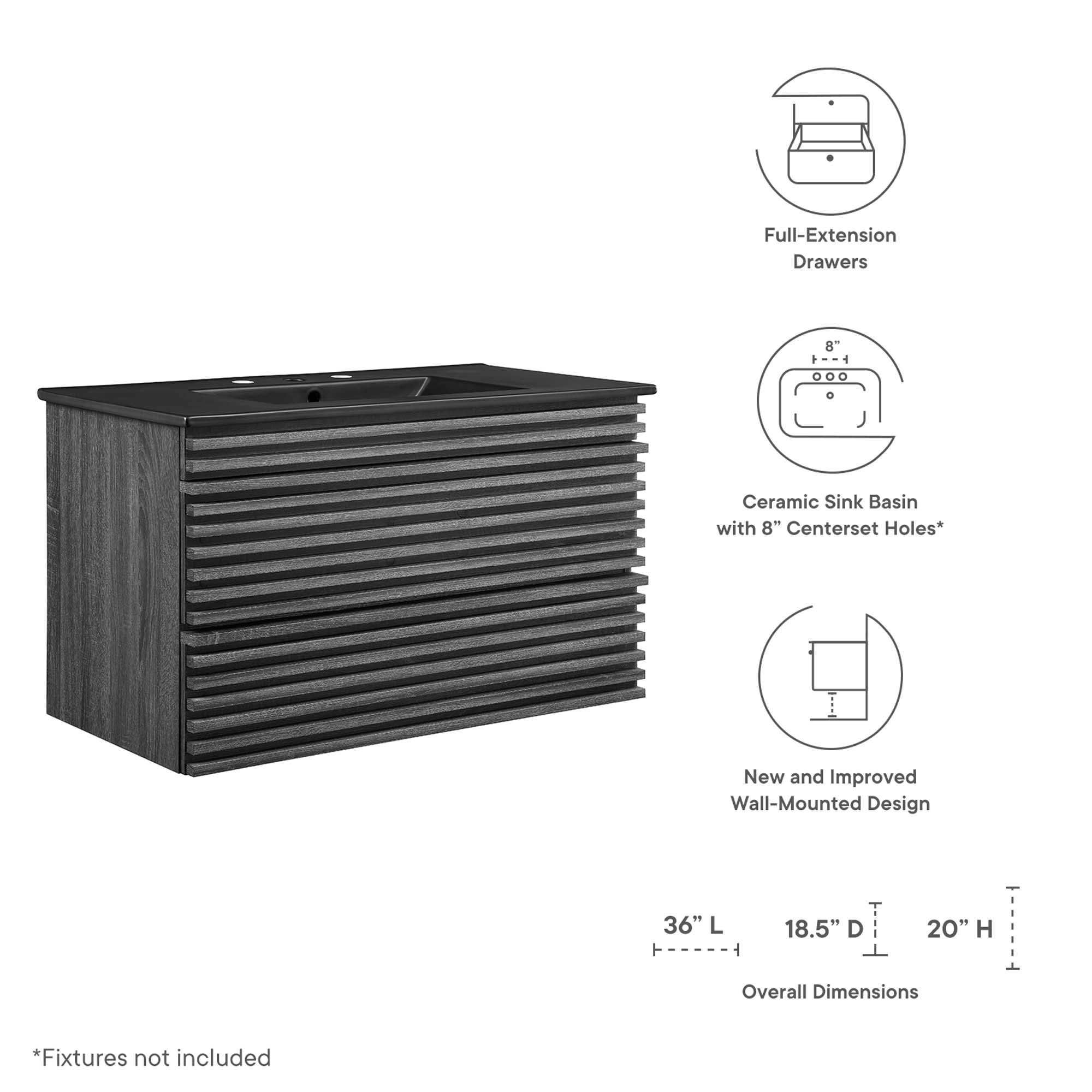 Render 36" Wall-Mount Bathroom Vanity, Charcoal Black