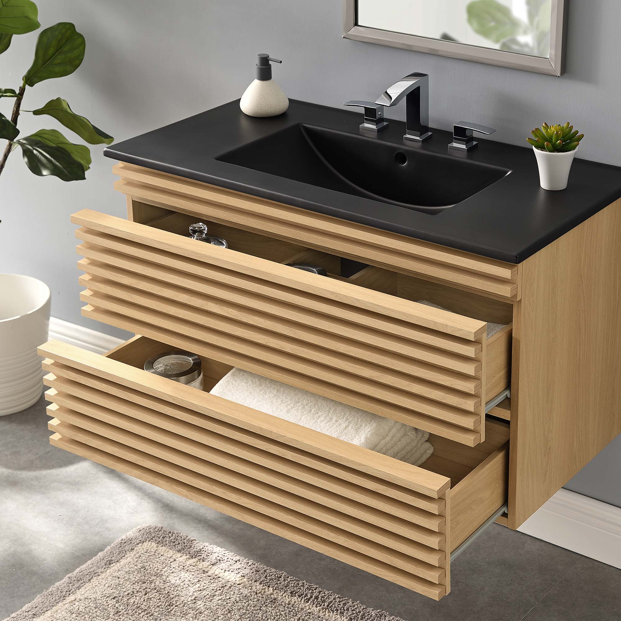 Render 36" Wall-Mount Bathroom Vanity, Oak Black