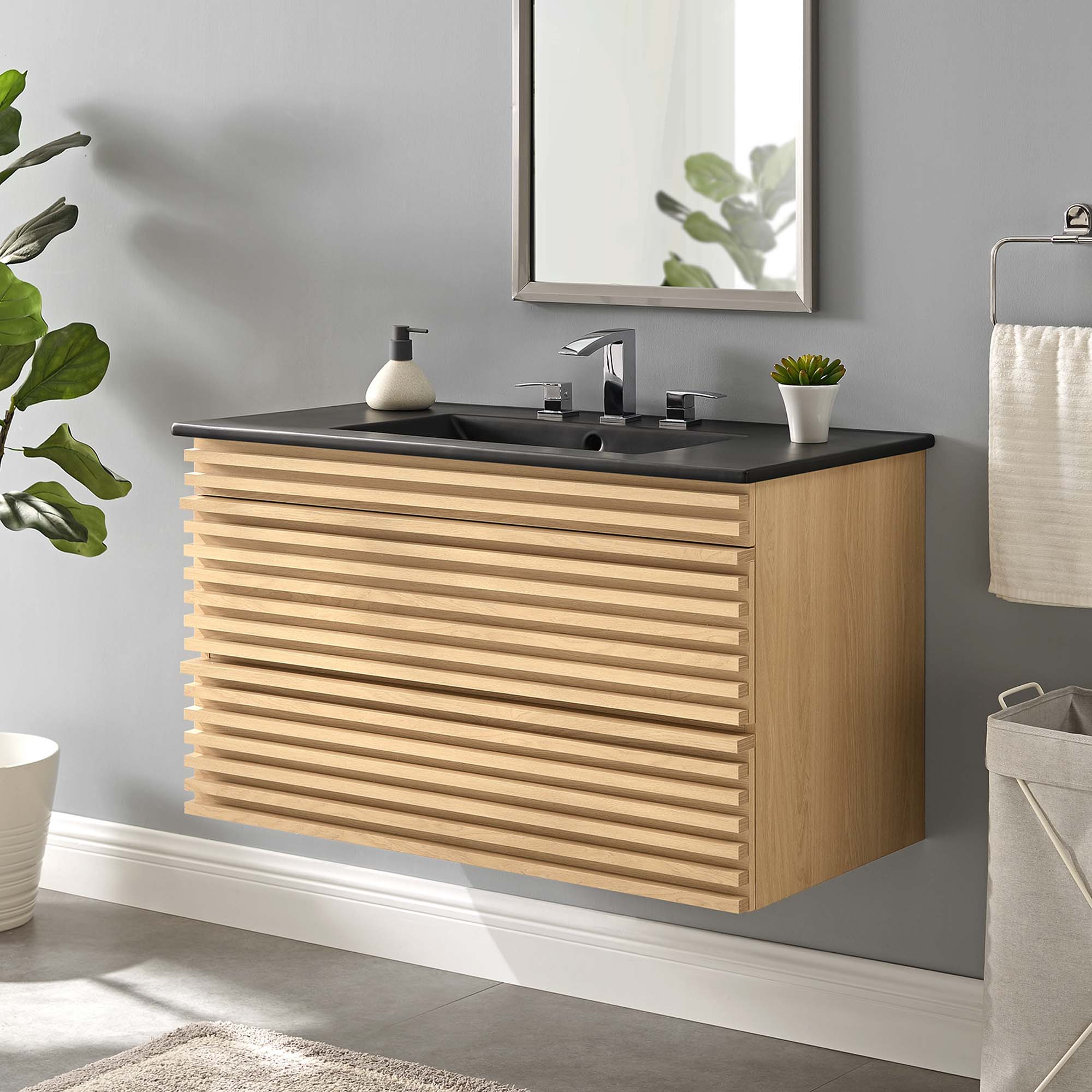 Render 36" Wall-Mount Bathroom Vanity, Oak Black