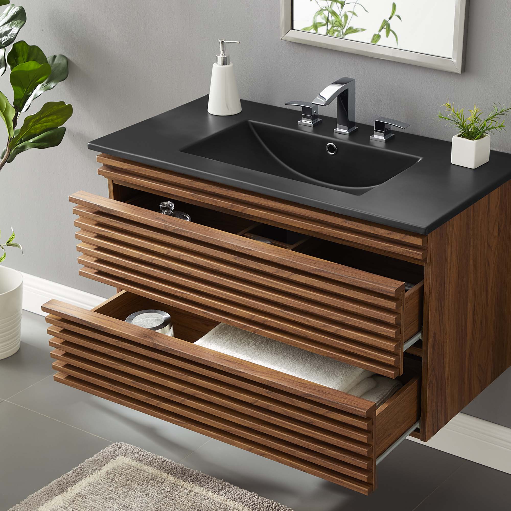 Render 36" Wall-Mount Bathroom Vanity, Walnut Black