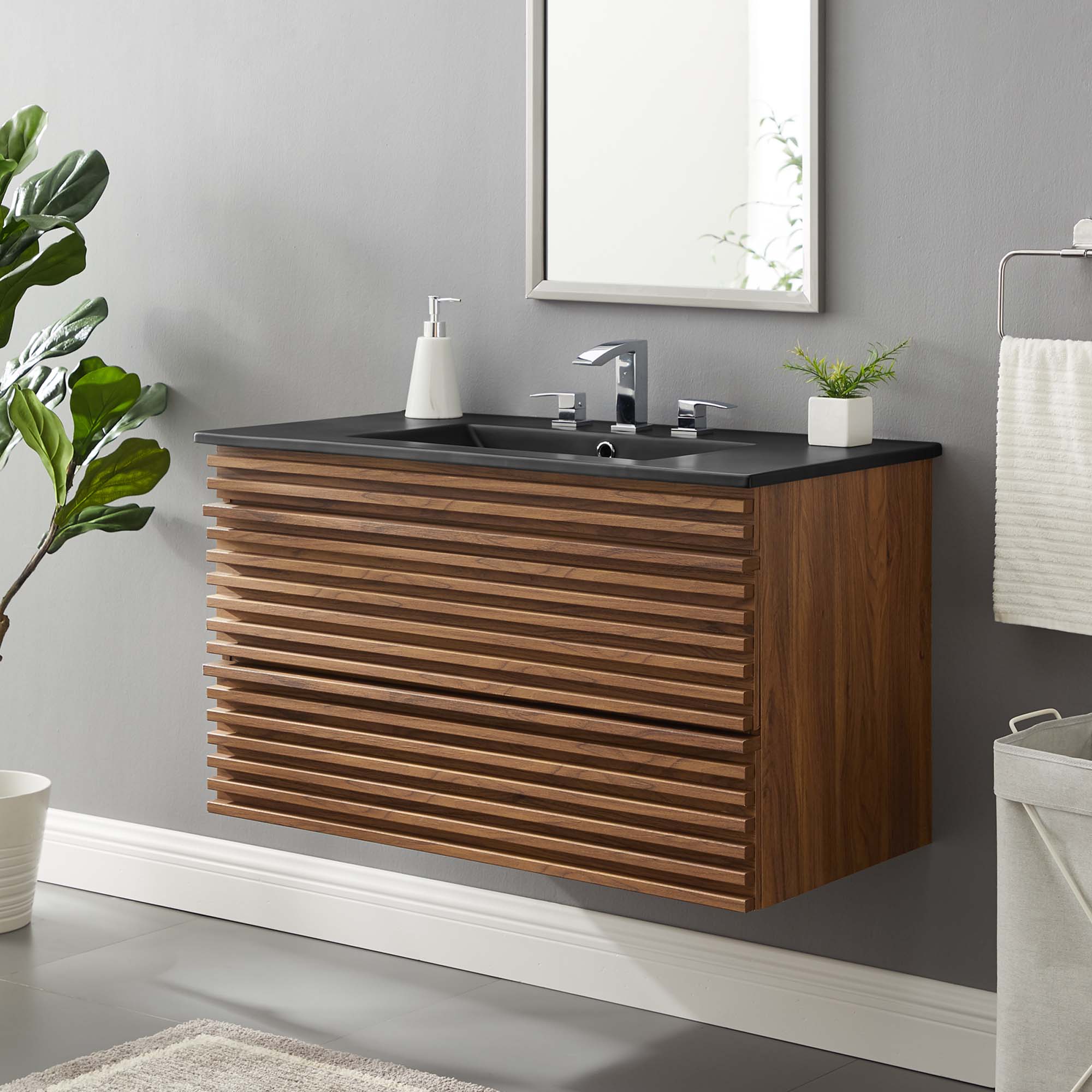 Render 36" Wall-Mount Bathroom Vanity, Walnut Black