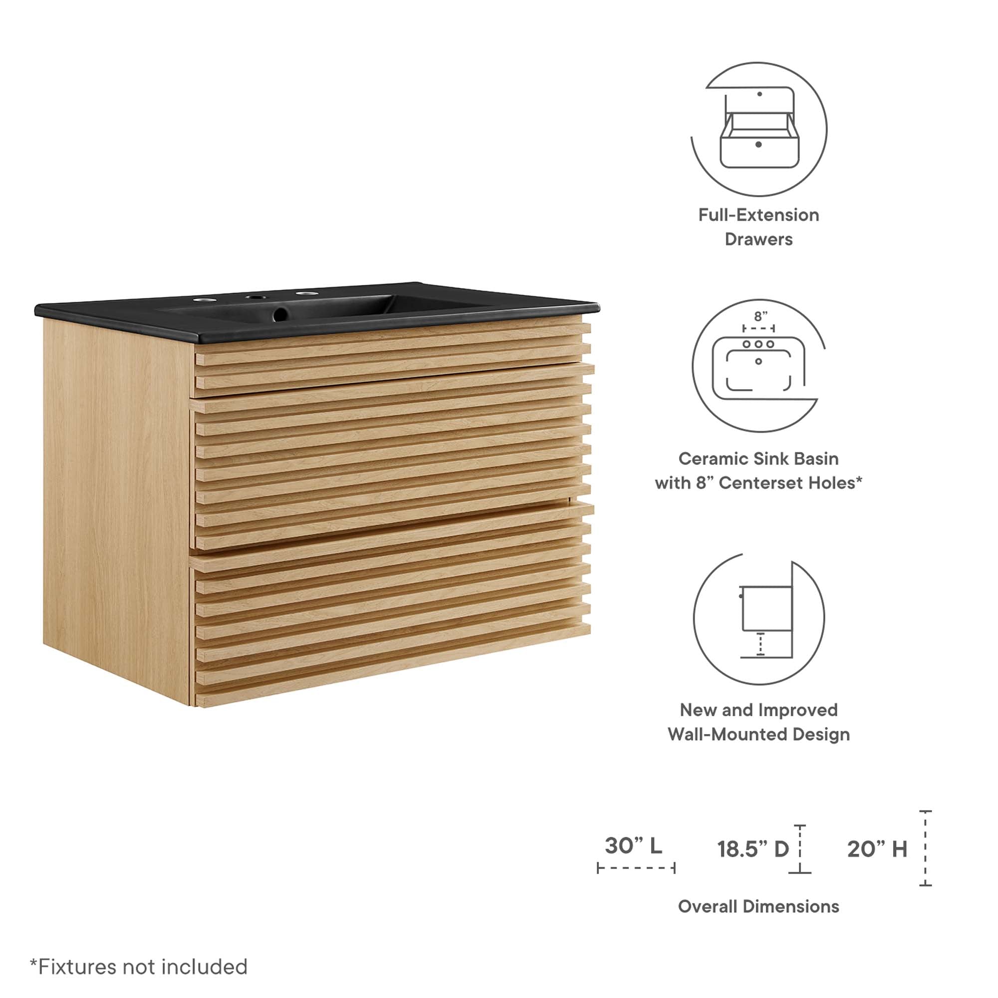 Render 30" Wall-Mount Bathroom Vanity, Oak Black