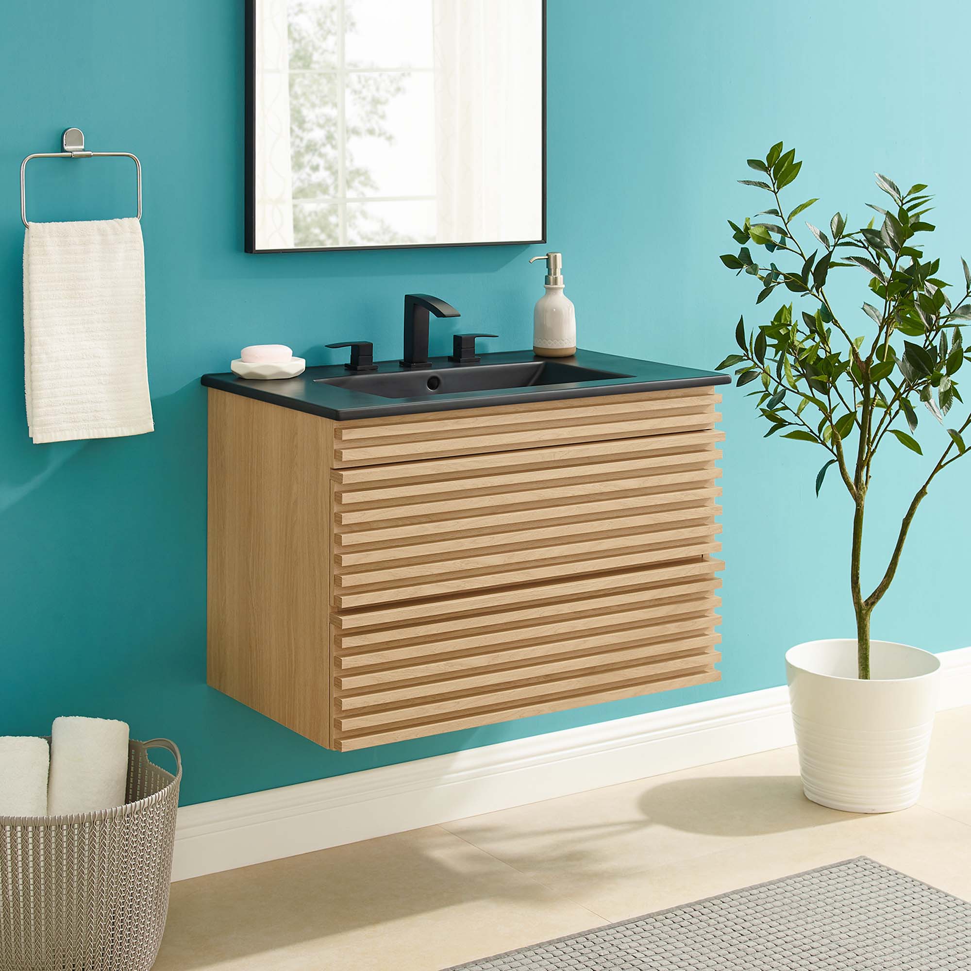 Render 30" Wall-Mount Bathroom Vanity, Oak Black