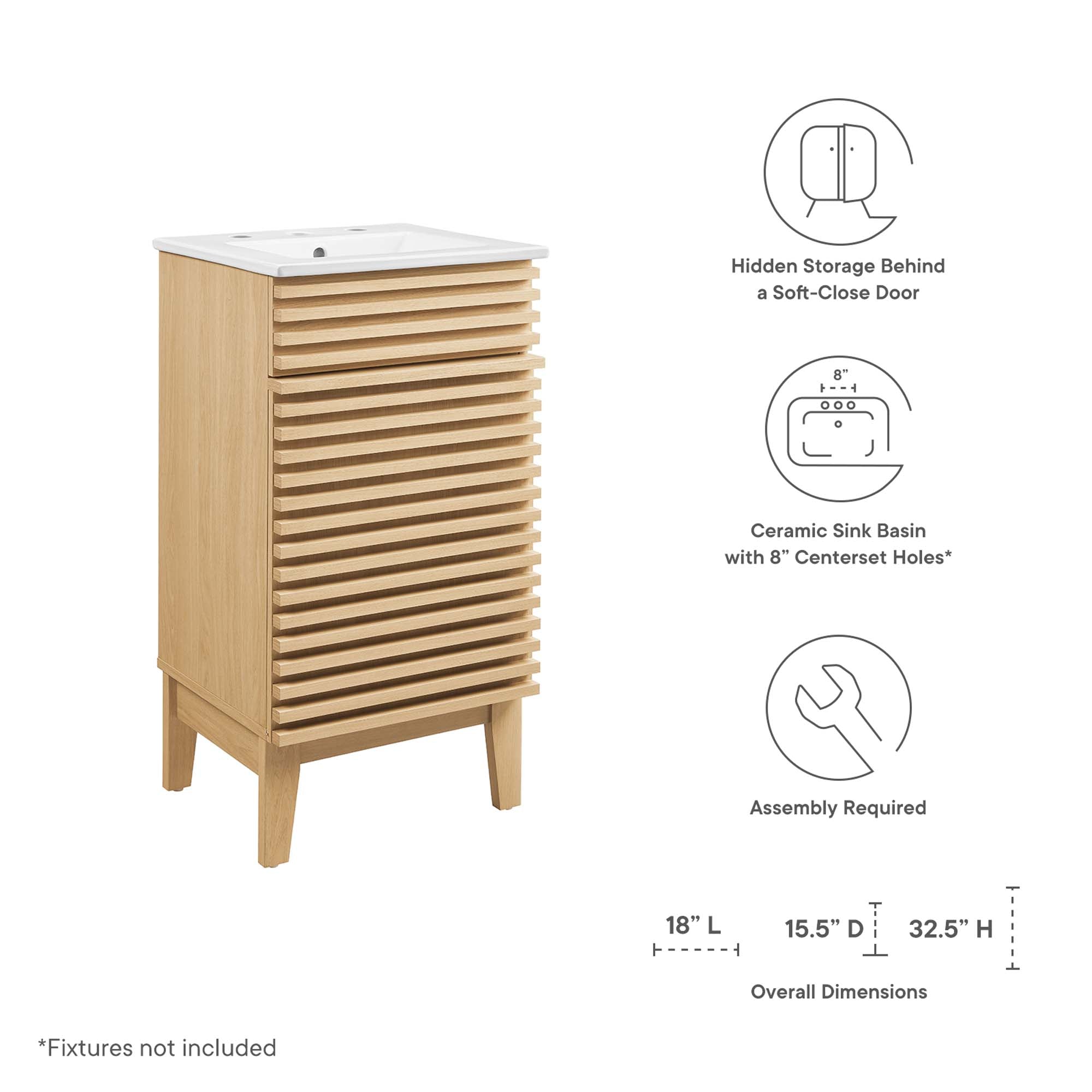 Render 18" Bathroom Vanity Cabinet, Oak White