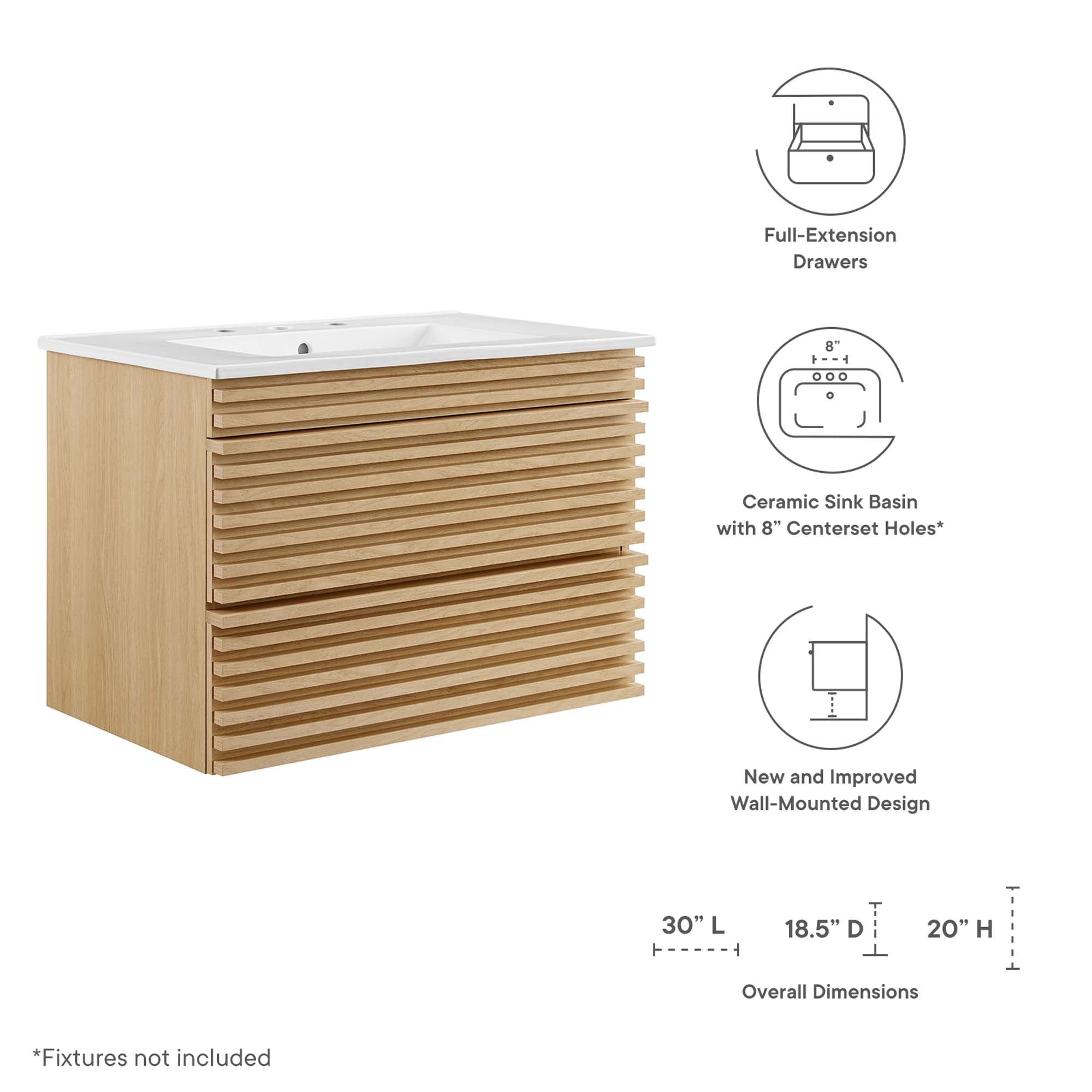 Render 30" Wall-Mount Bathroom Vanity, Oak White