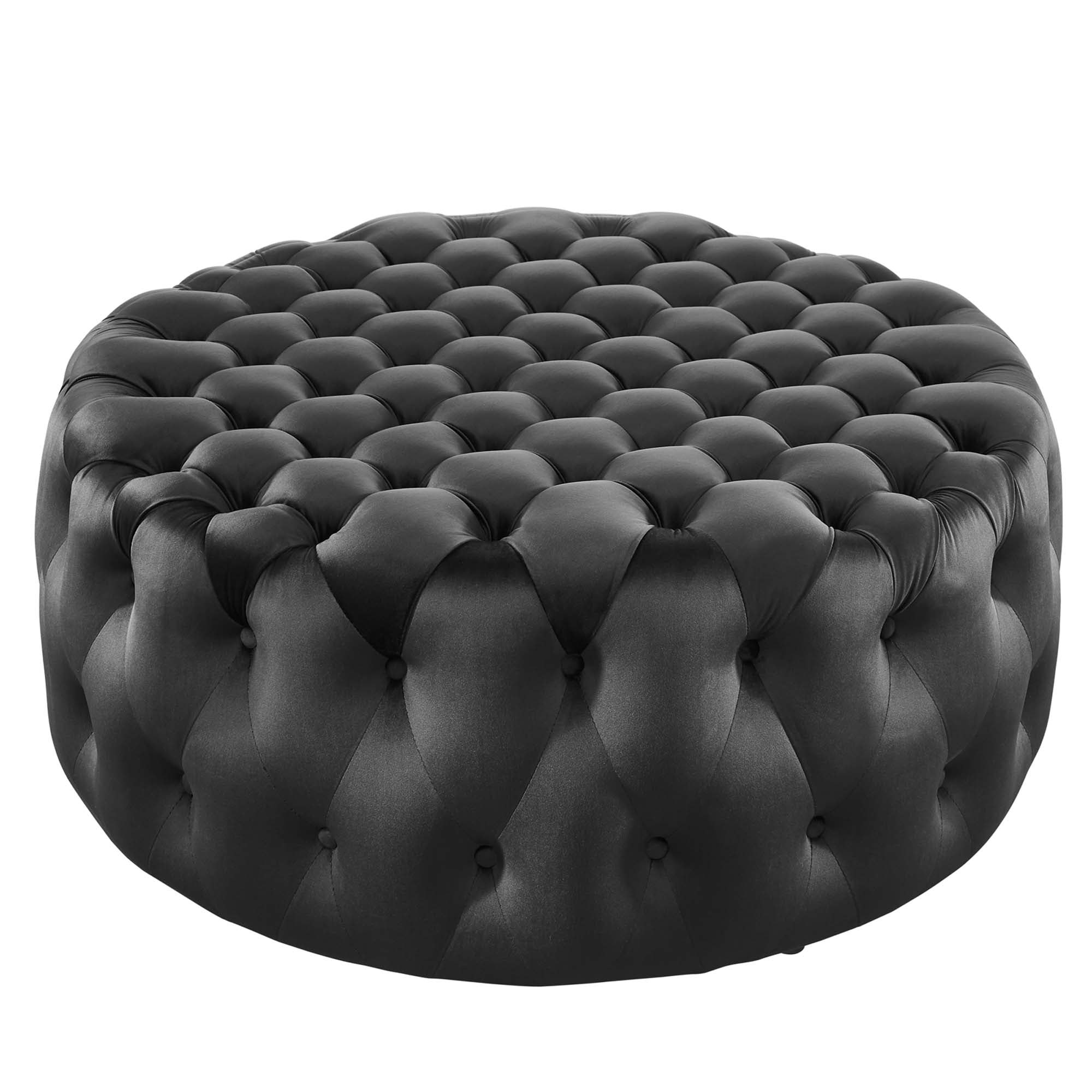 Amour Tufted Button Large Round Performance Velvet Ottoman, Black